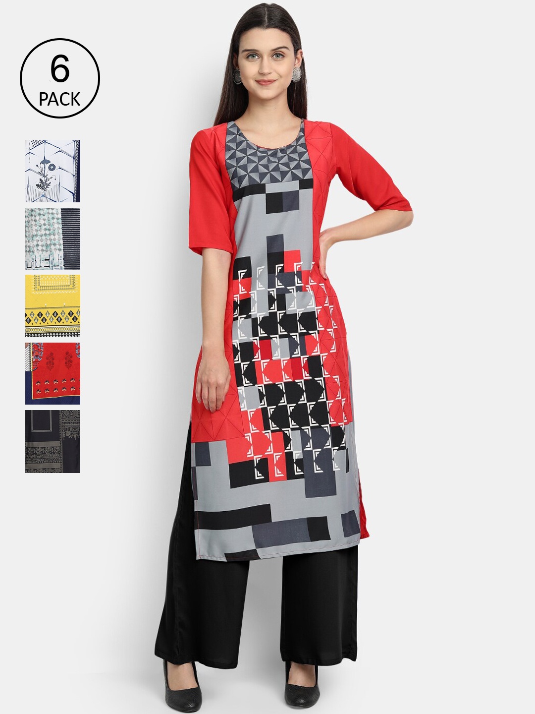 

Ethnic basket Women Pack of 6 Ethnic Motifs Printed Crepe Kurta, Multi