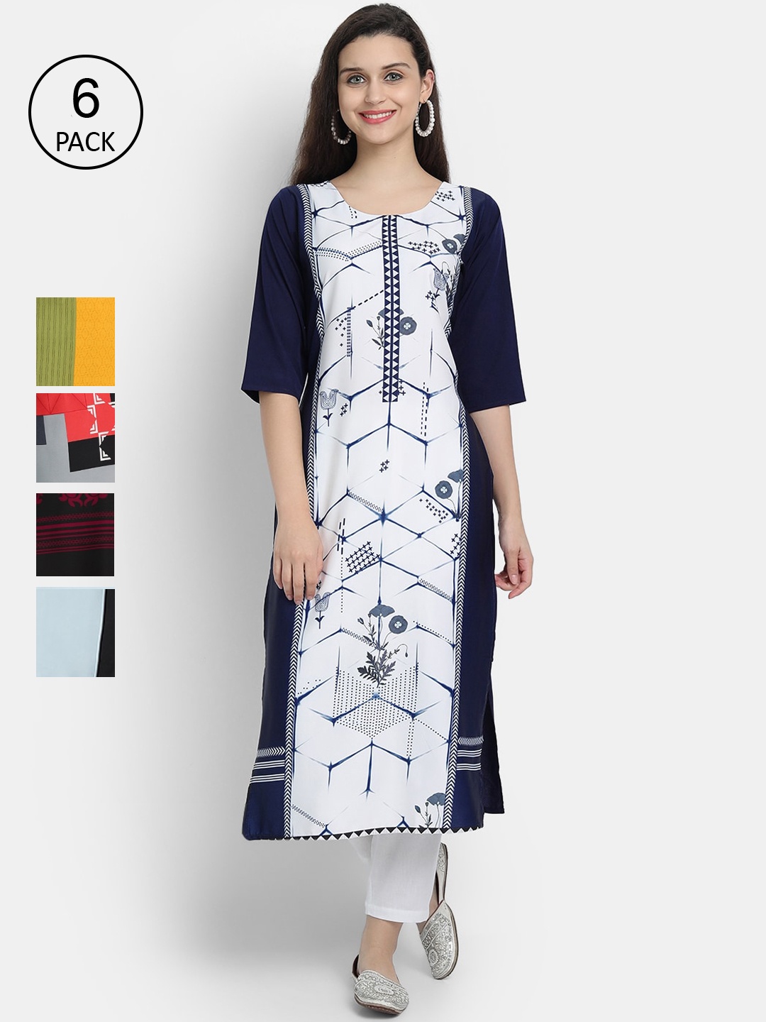 

Ethnic basket Pack of 6 Printed Kurtas, Navy blue