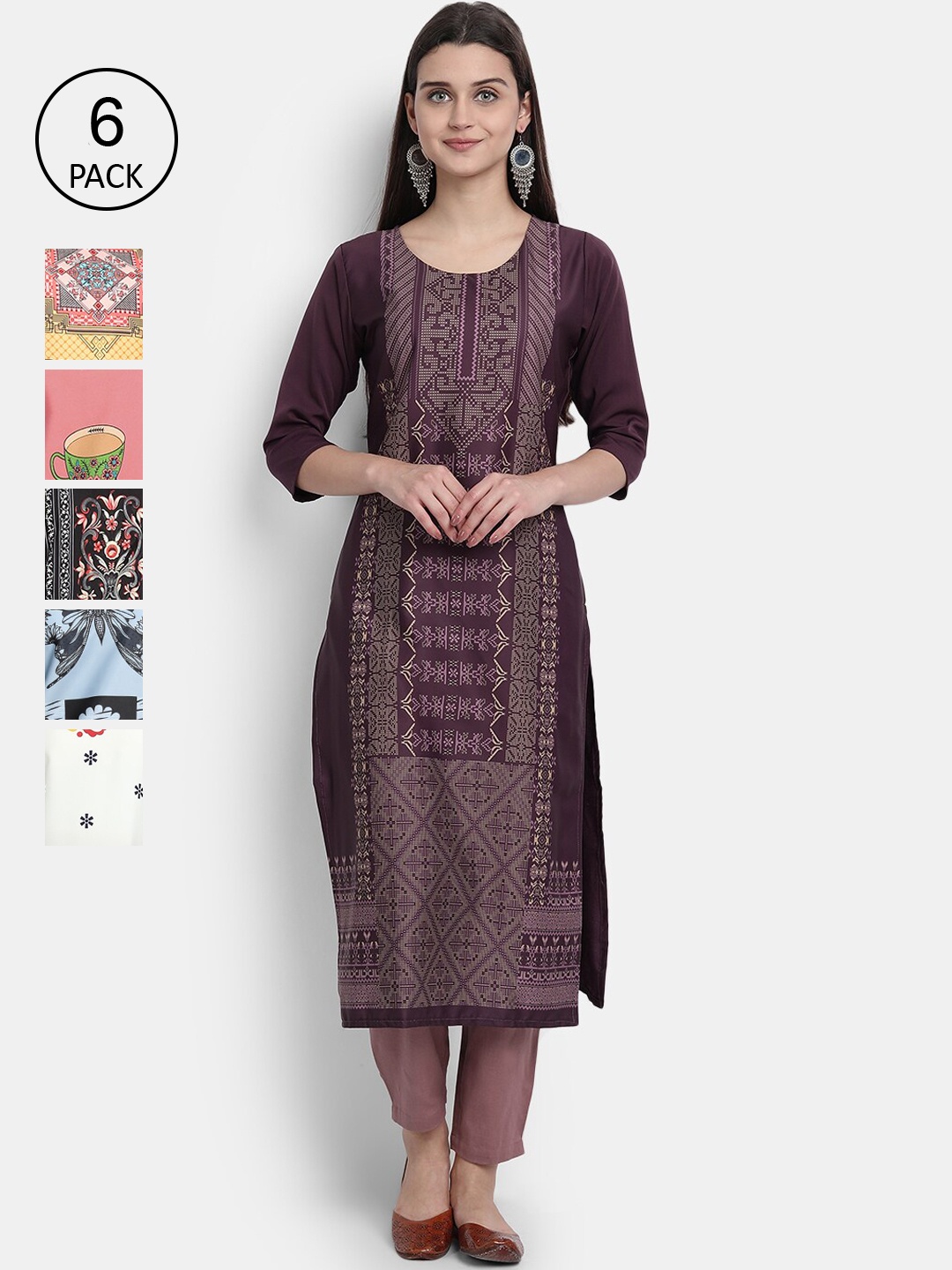 

Ethnic basket Women Pack Of 6 Ethnic Motifs Printed Crepe Kurta, Purple