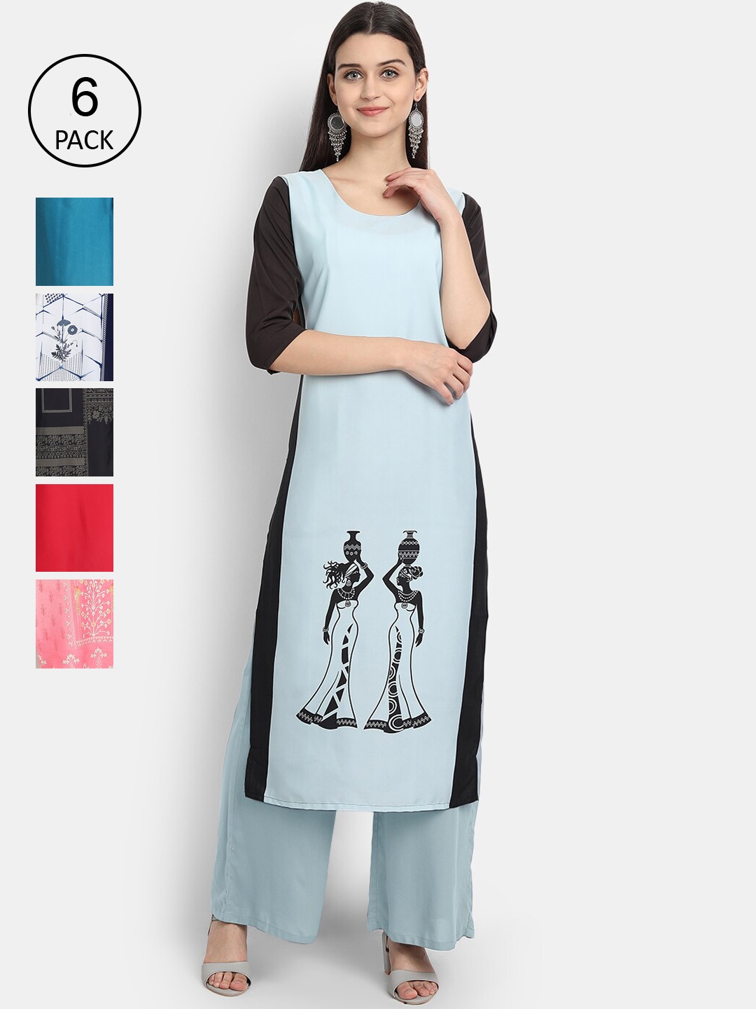 

Ethnic basket Women Pack Of 6 Printed Crepe Kurta, Blue