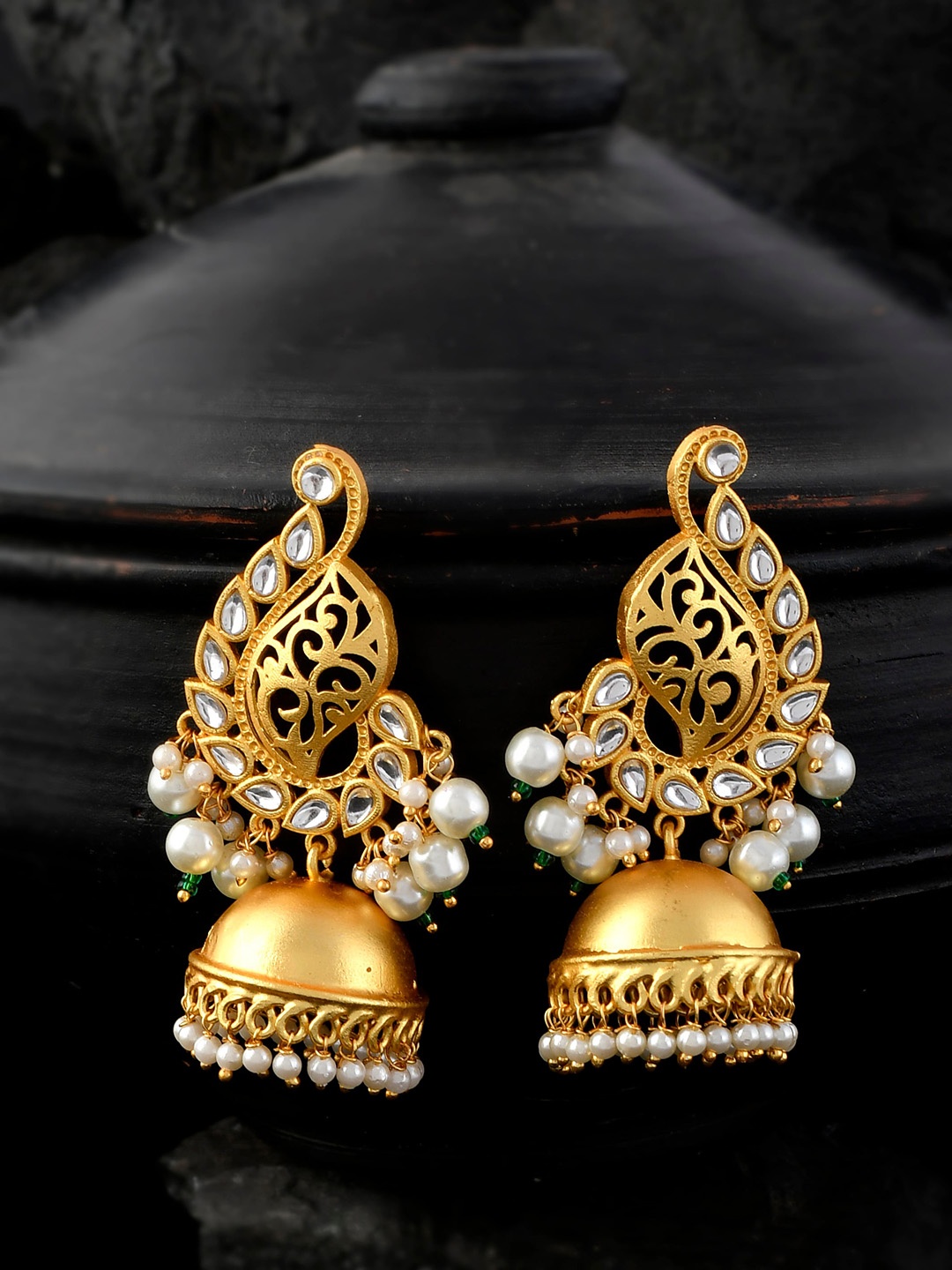 

Silvermerc Designs Gold-Plated & White Paisley Shaped Jhumkas Earrings