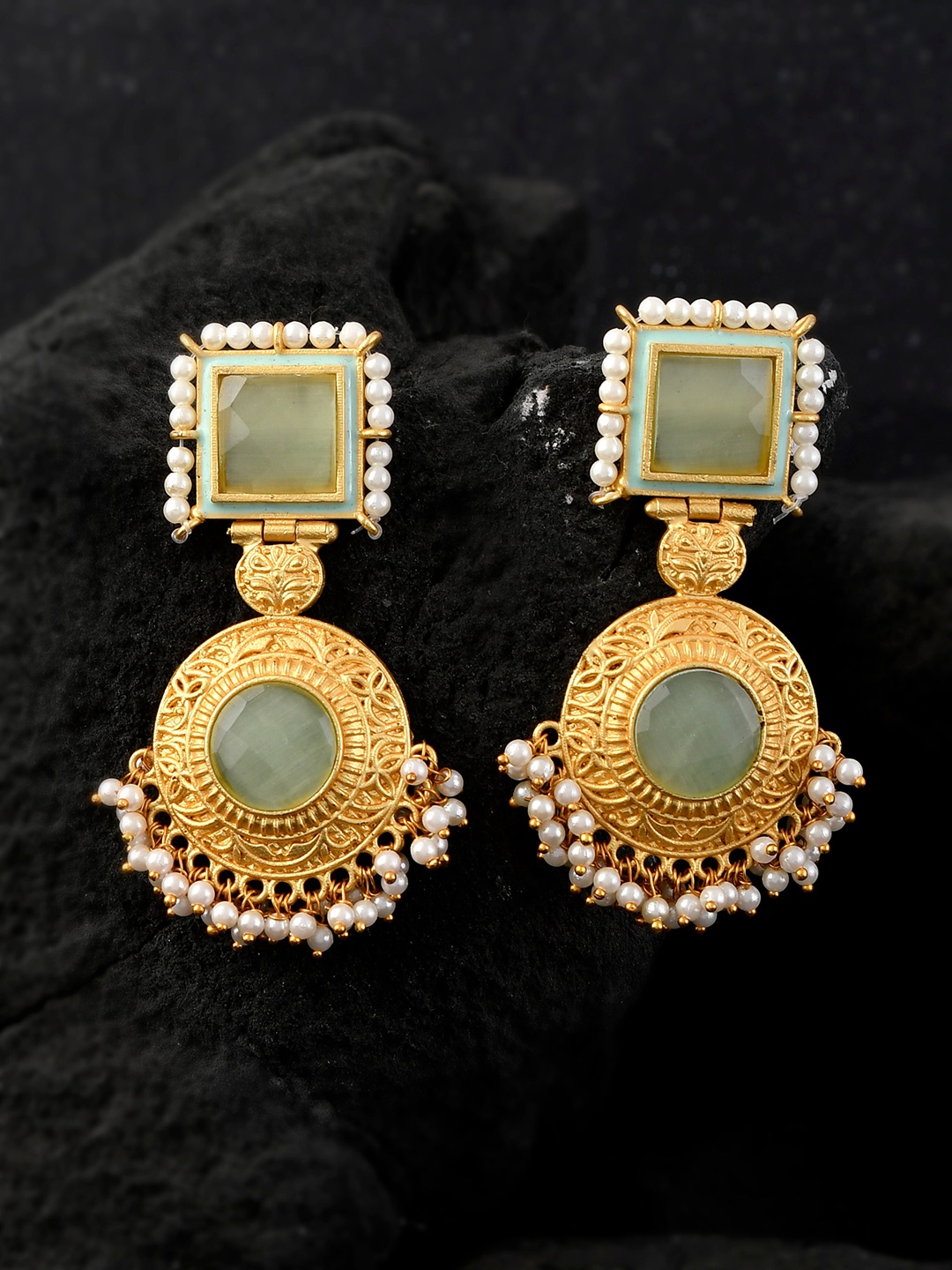 

Silvermerc Designs Gold-Plated Green Stone Studded Square Drop Earrings