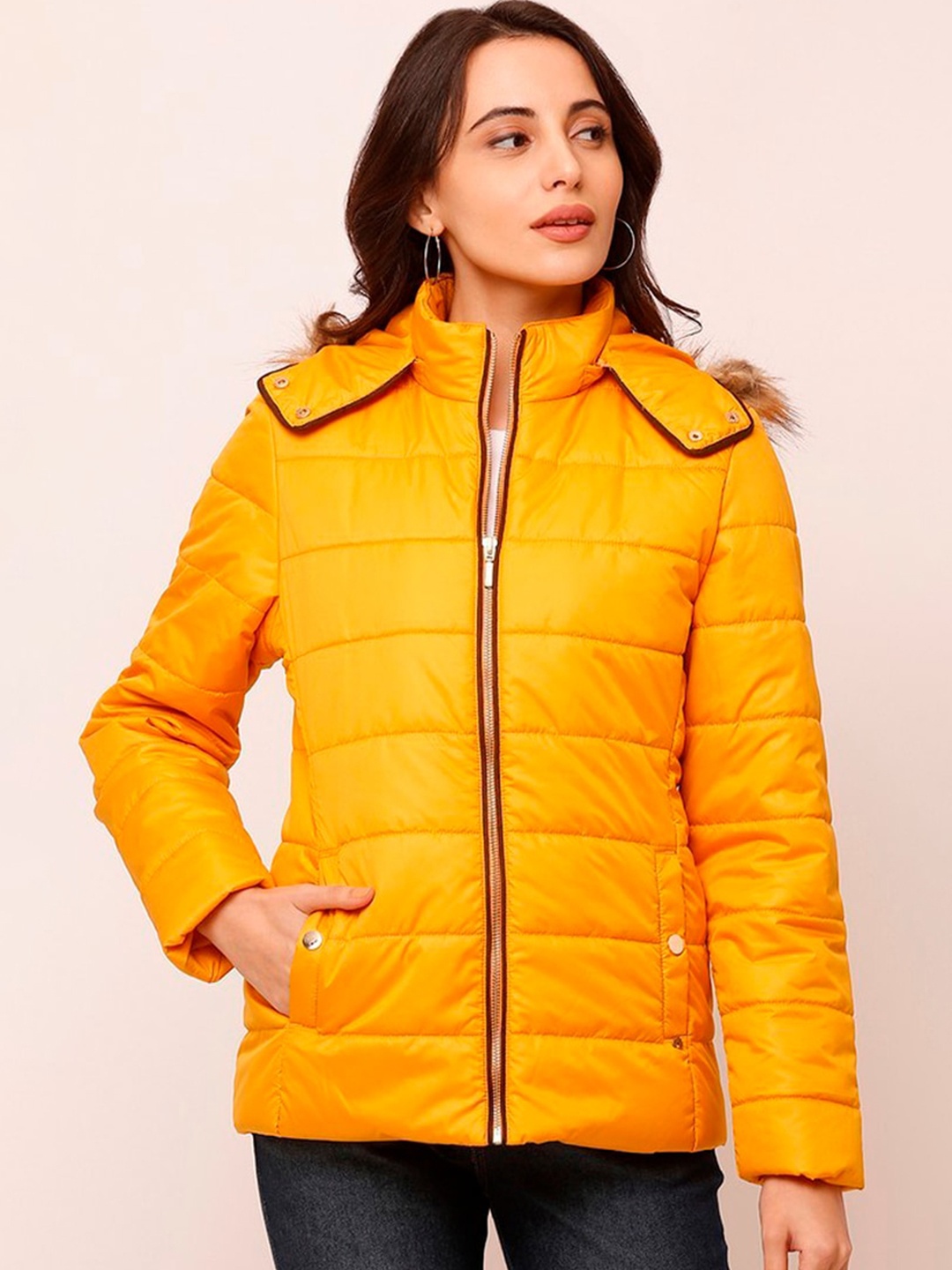 

SPYKAR Women Yellow Striped Longline Padded Jacket