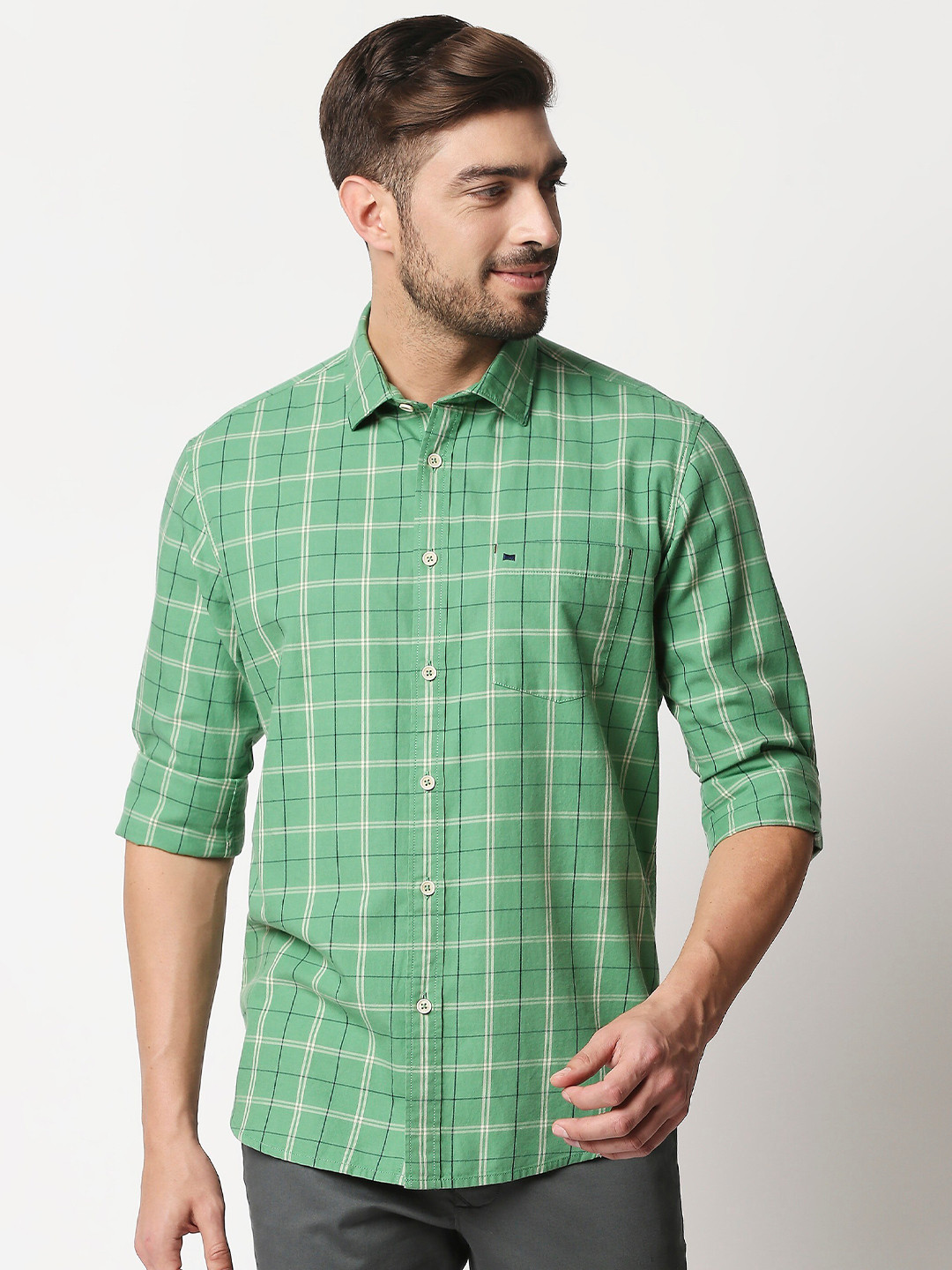 

Basics Men Green & Off White Slim Fit Checked Pure Cotton Casual Shirt