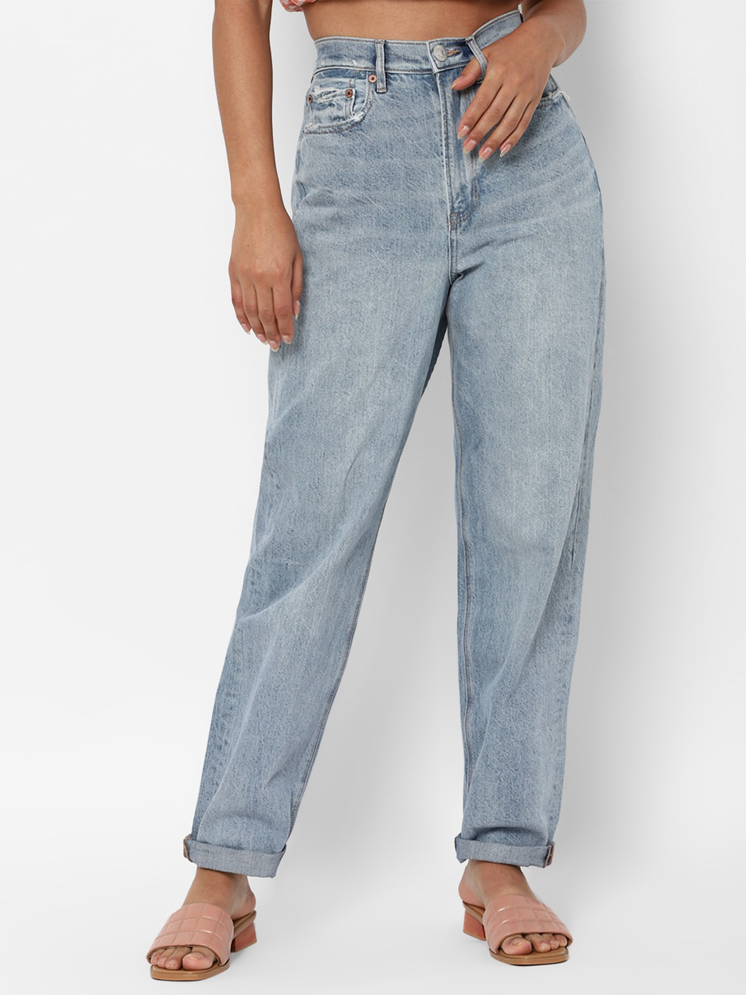 

AMERICAN EAGLE OUTFITTERS Women Blue High-Rise Low Distress Heavy Fade Jeans