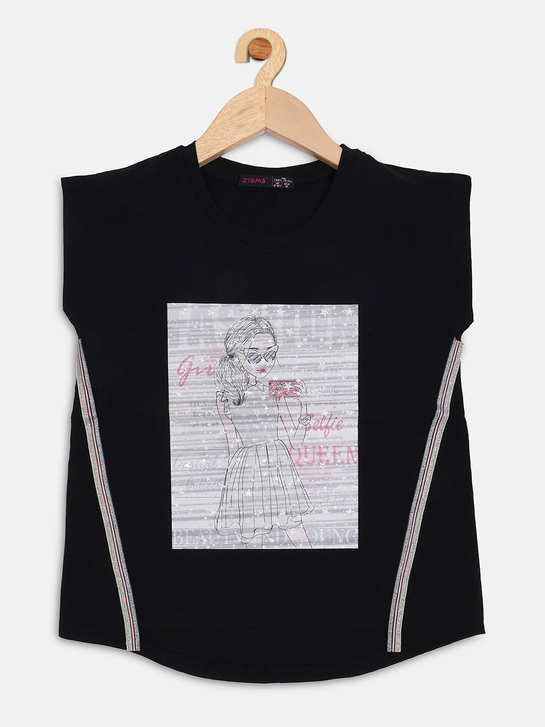 

Ziama Girls Navy Blue Printed Extended Sleeves Top