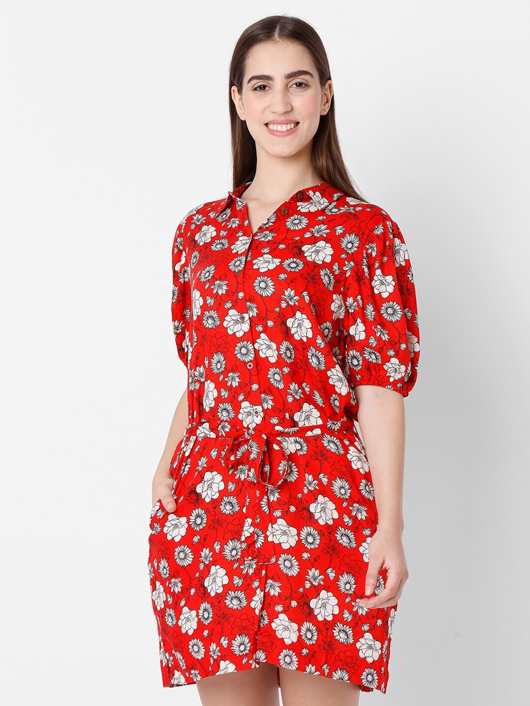 

SPYKAR Red & White Floral Belted Cotton Shirt Dress