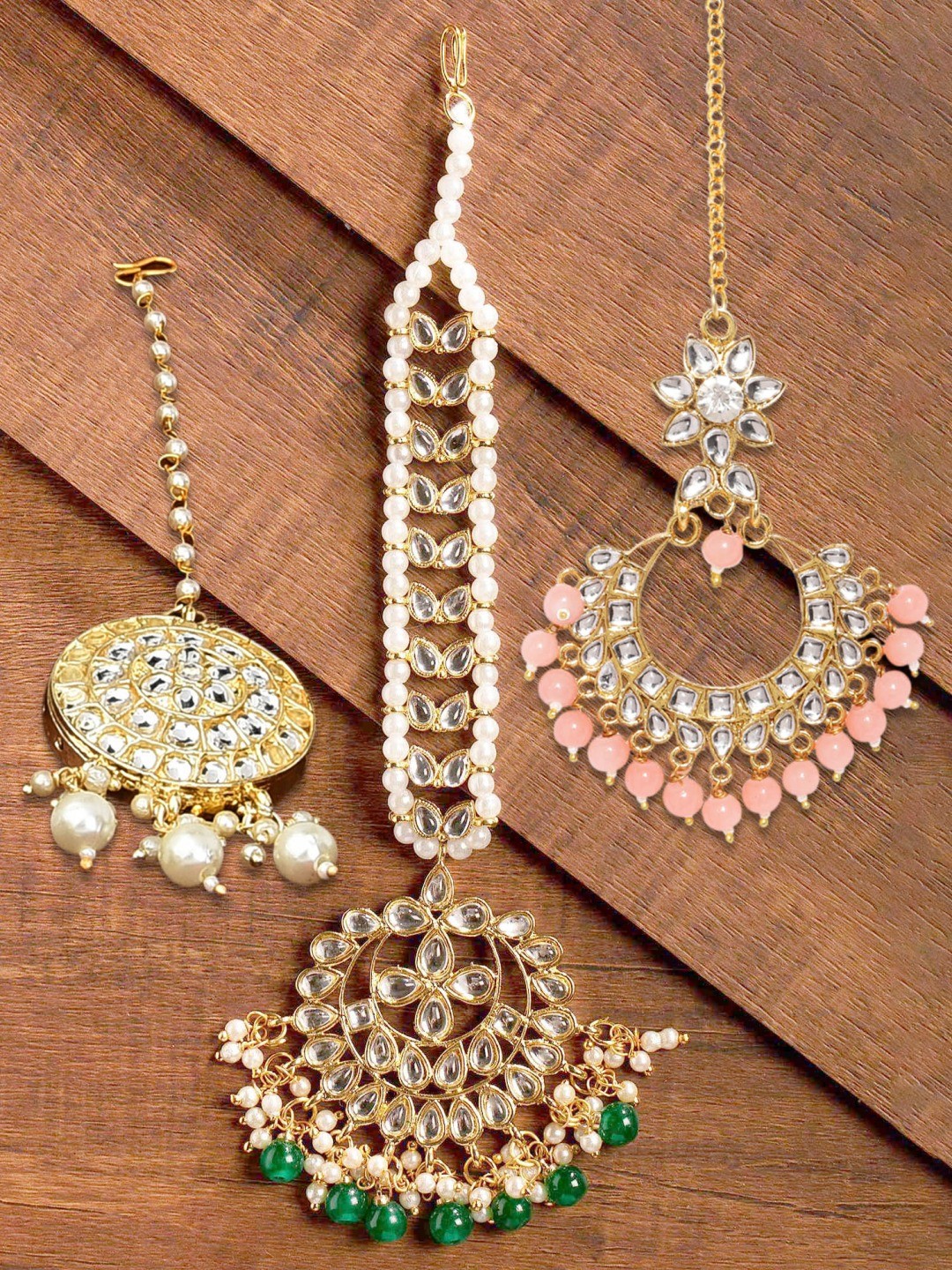 

Zaveri Pearls Set Of 3 Gold-Toned & Plated Kundan Maangtikkas