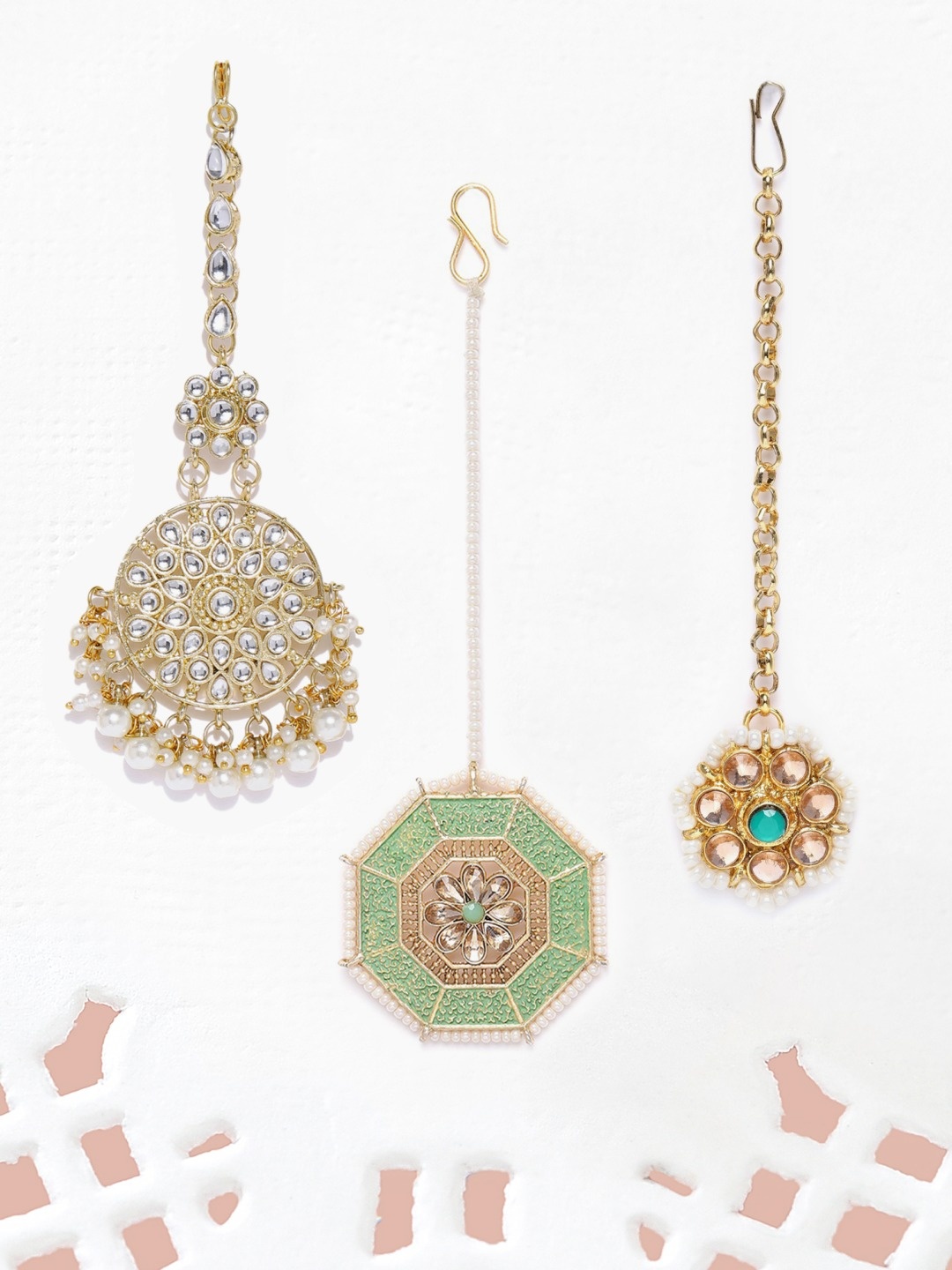 

Zaveri Pearls Set of 3 Gold-Plated Kundan-Studded Maang Tikkas