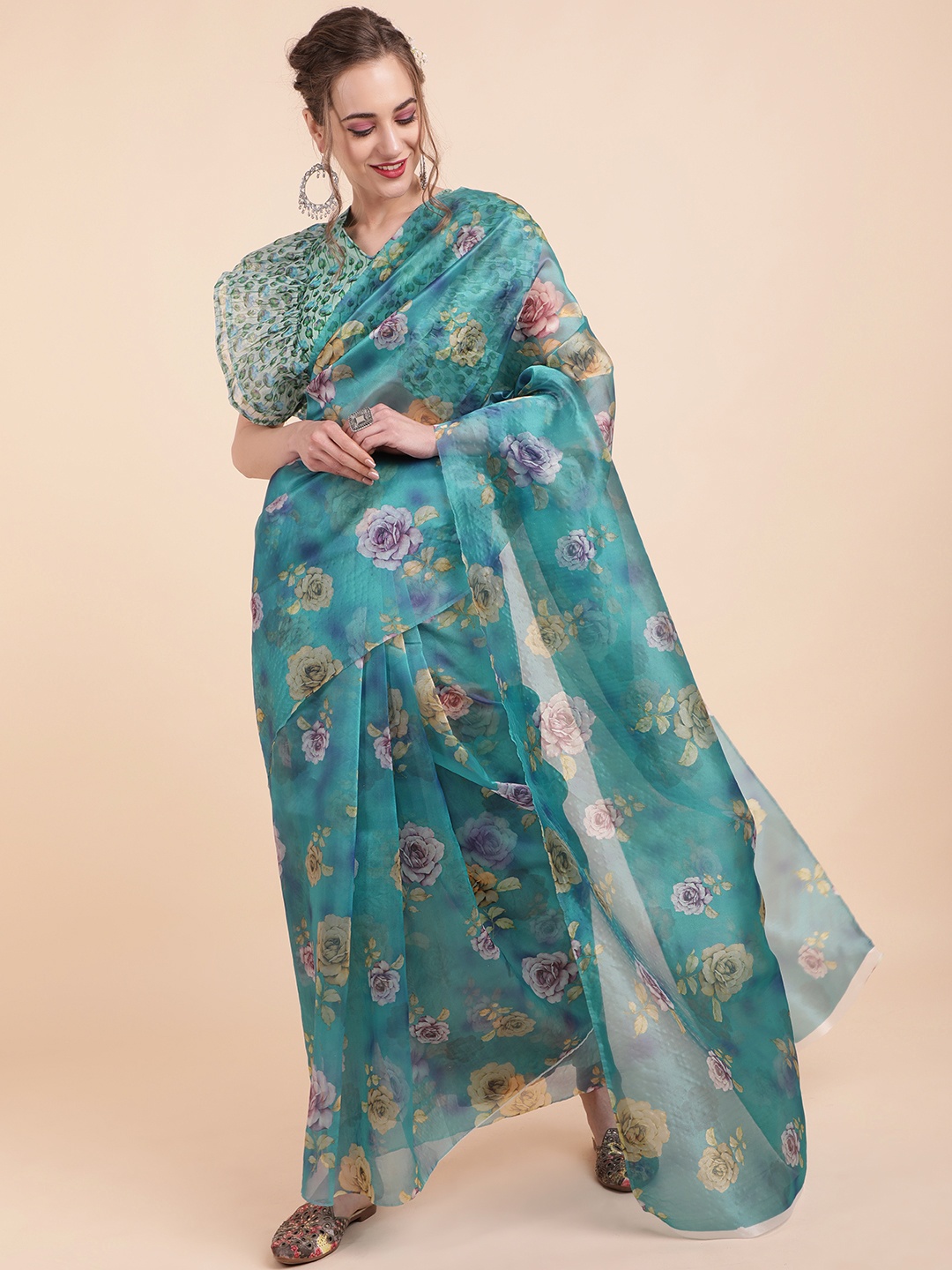 

Sangria Blue & Purple Floral Printed Organza Saree