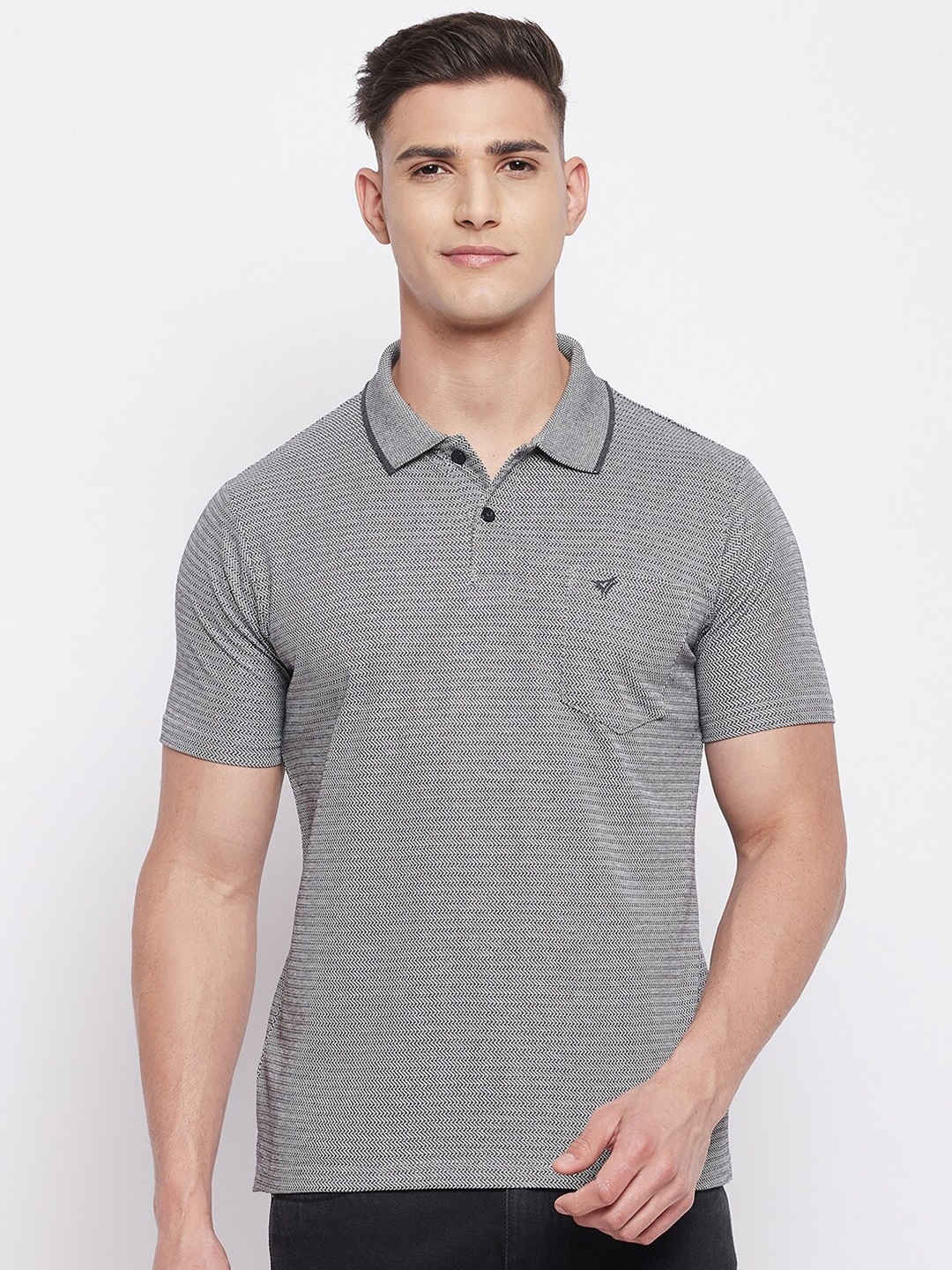 

NEVA Men Grey Striped Polo Collar T-shirt