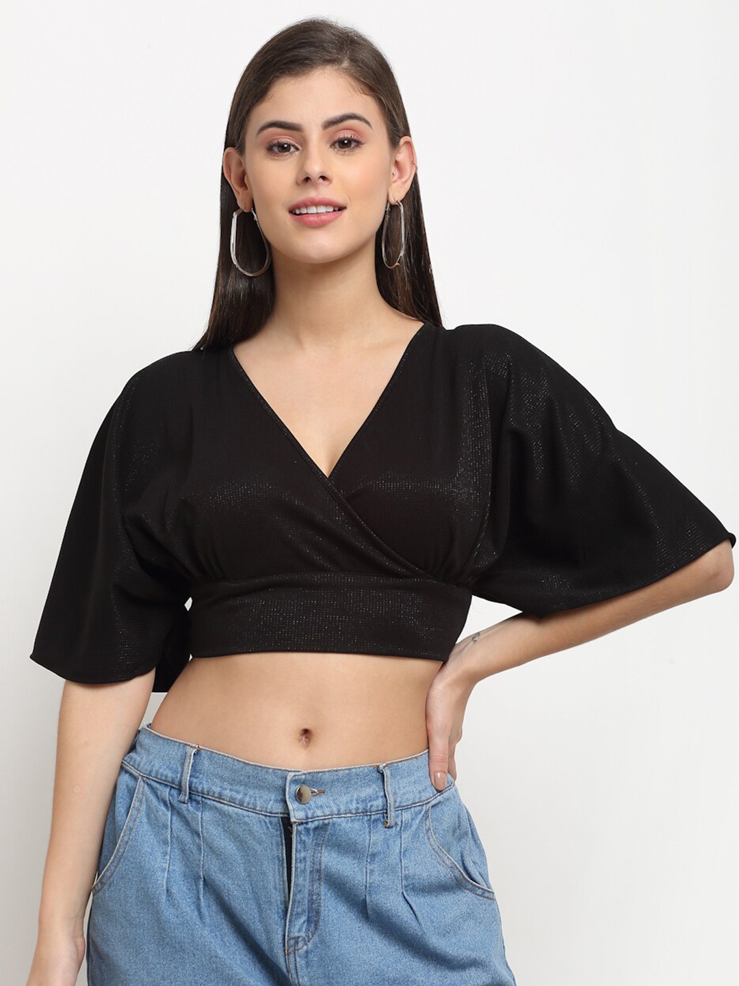 

ELEVANTO Women Black Wrap Crop Top