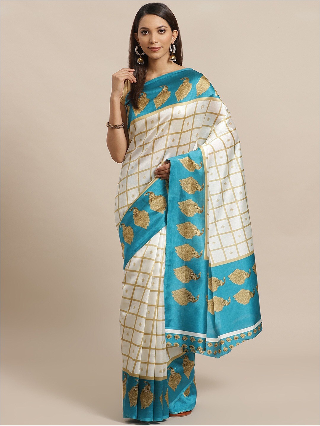 

AADVIKA Blue & White Ethnic Motifs Art Silk Mysore Silk Saree