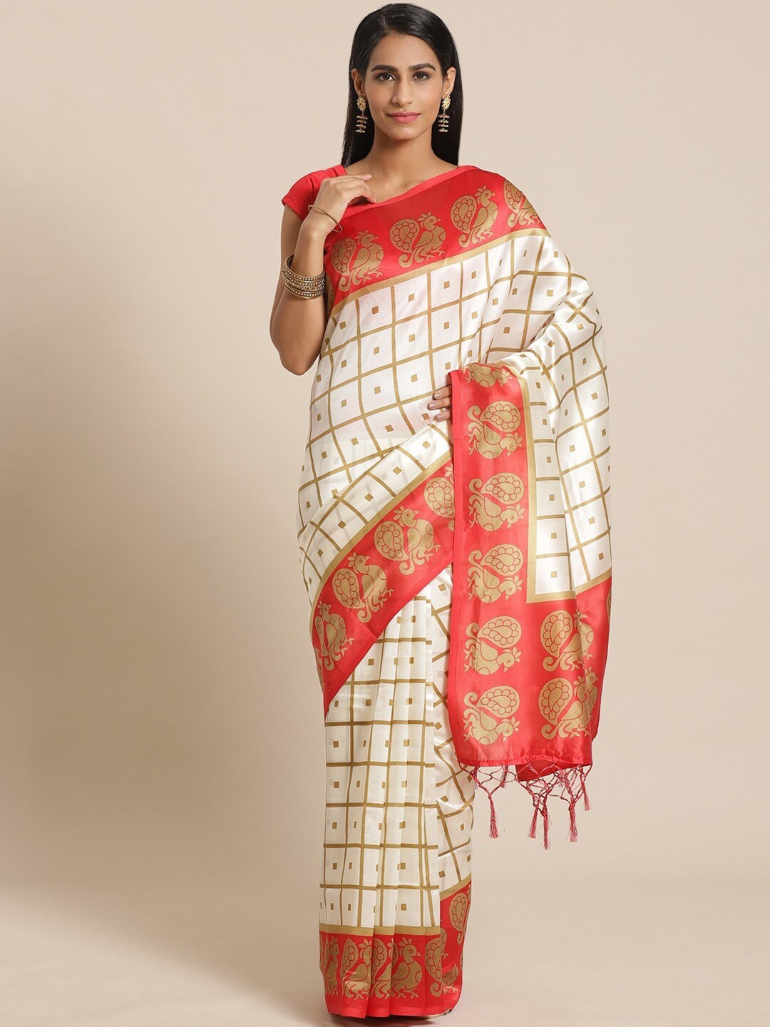 

AADVIKA Women Beige & Red Checked Mysore Silk Saree