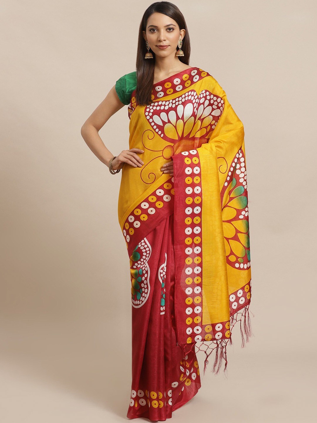 

AADVIKA Maroon & Yellow Art Silk Mysore Silk Saree