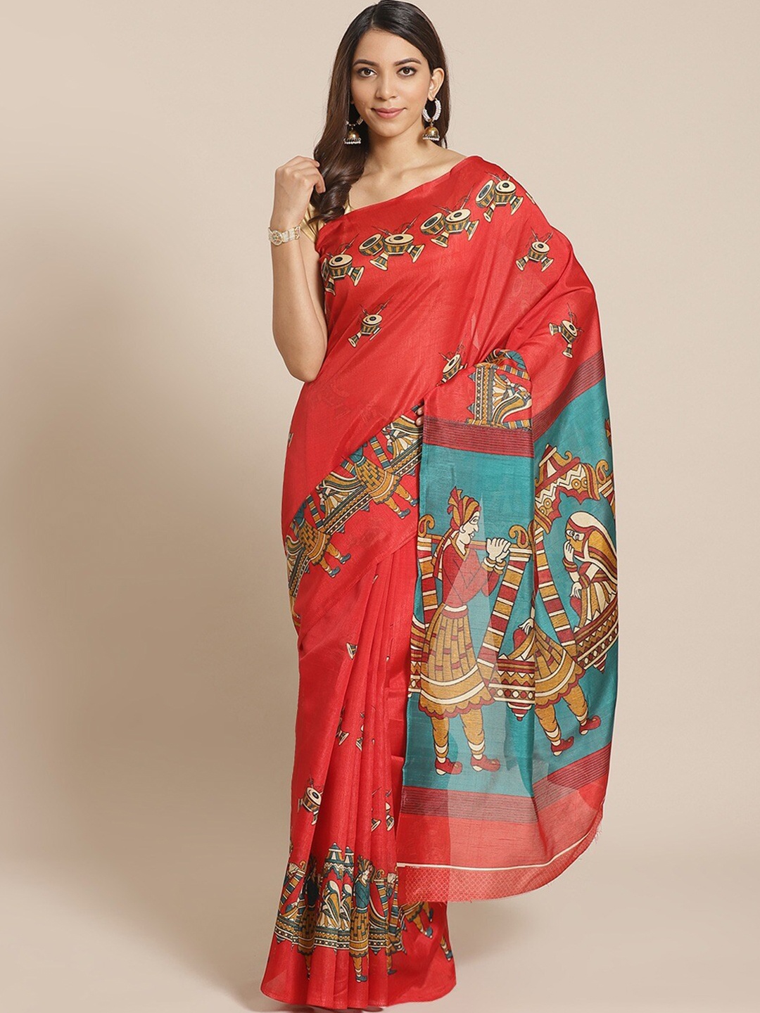 

AADVIKA Red & Blue Ethnic Motifs Art Silk Mysore Silk Saree