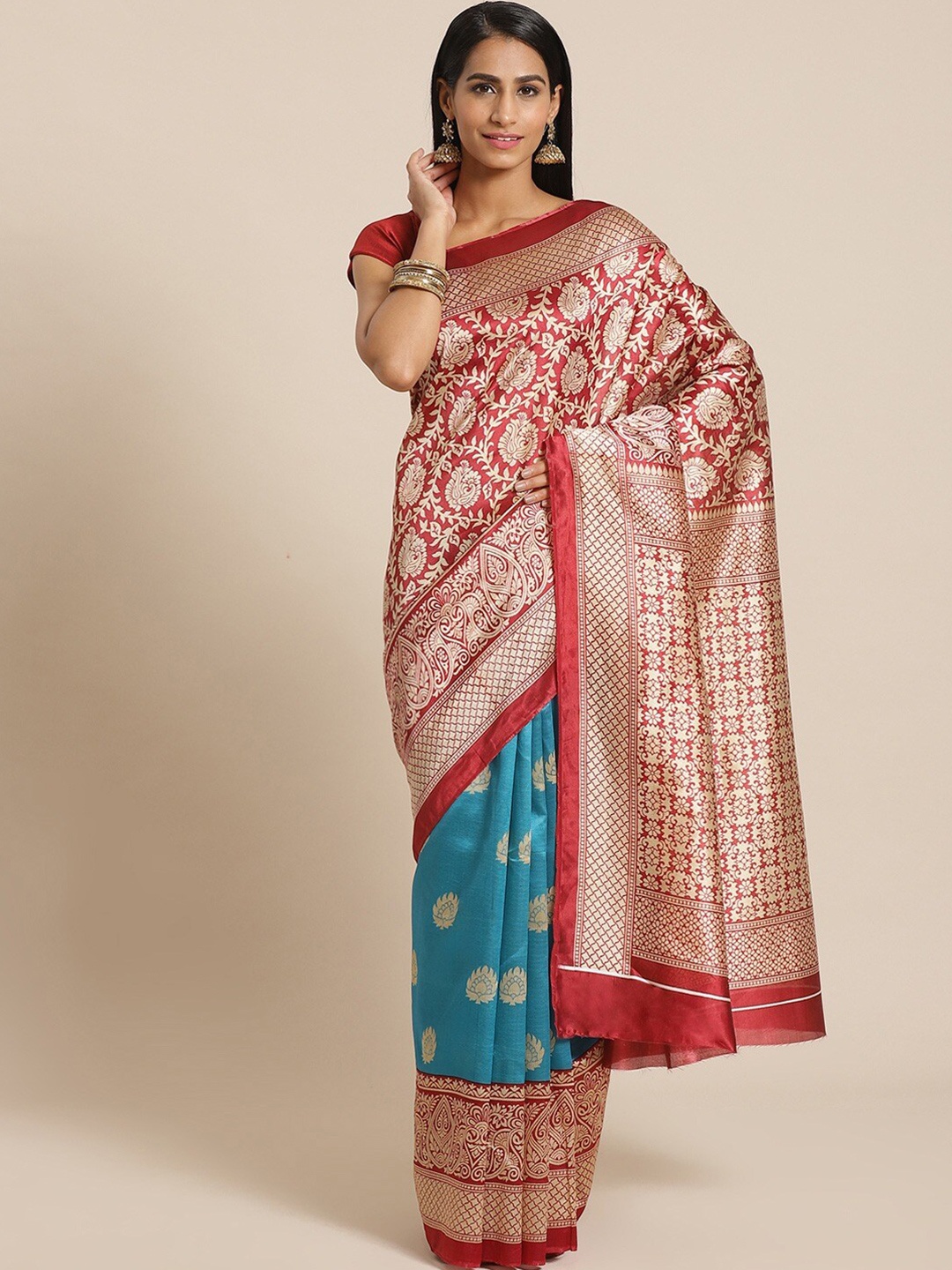 

AADVIKA Red & Blue Ethnic Motifs Art Silk Mysore Silk Saree