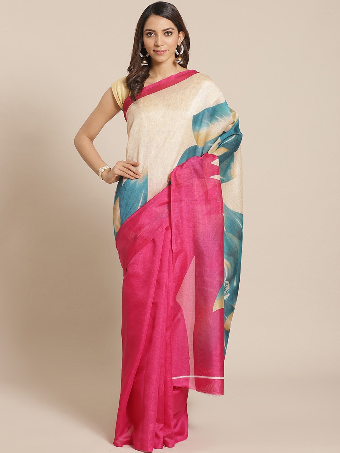 

AADVIKA Pink & Beige Floral Art Silk Mysore Silk Saree