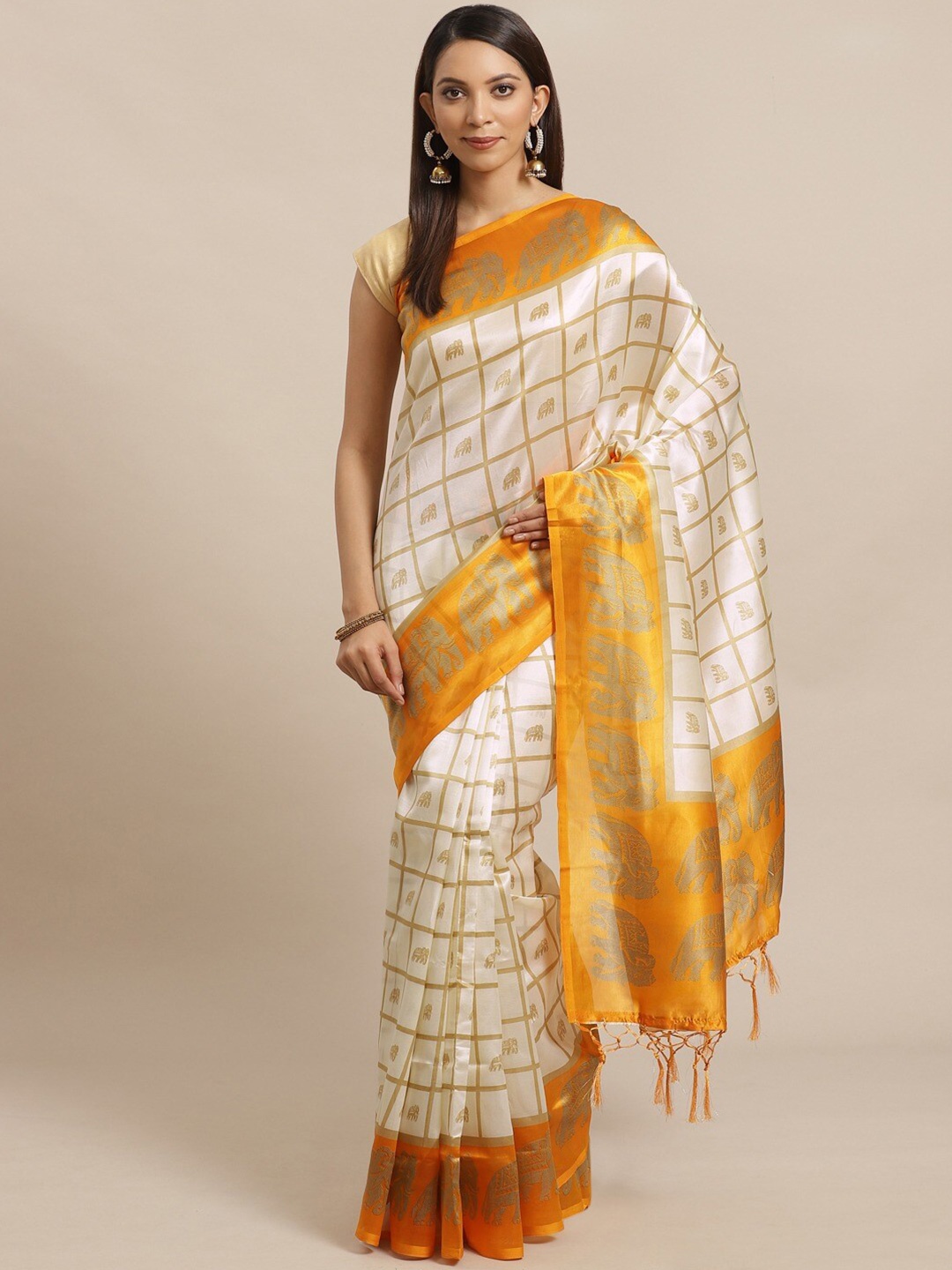 

AADVIKA Yellow & Beige Ethnic Motifs Art Silk Saree