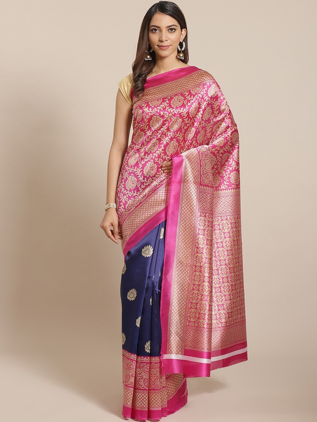 

AADVIKA Blue & Pink Ethnic Motifs Zari Art Silk Mysore Silk Saree
