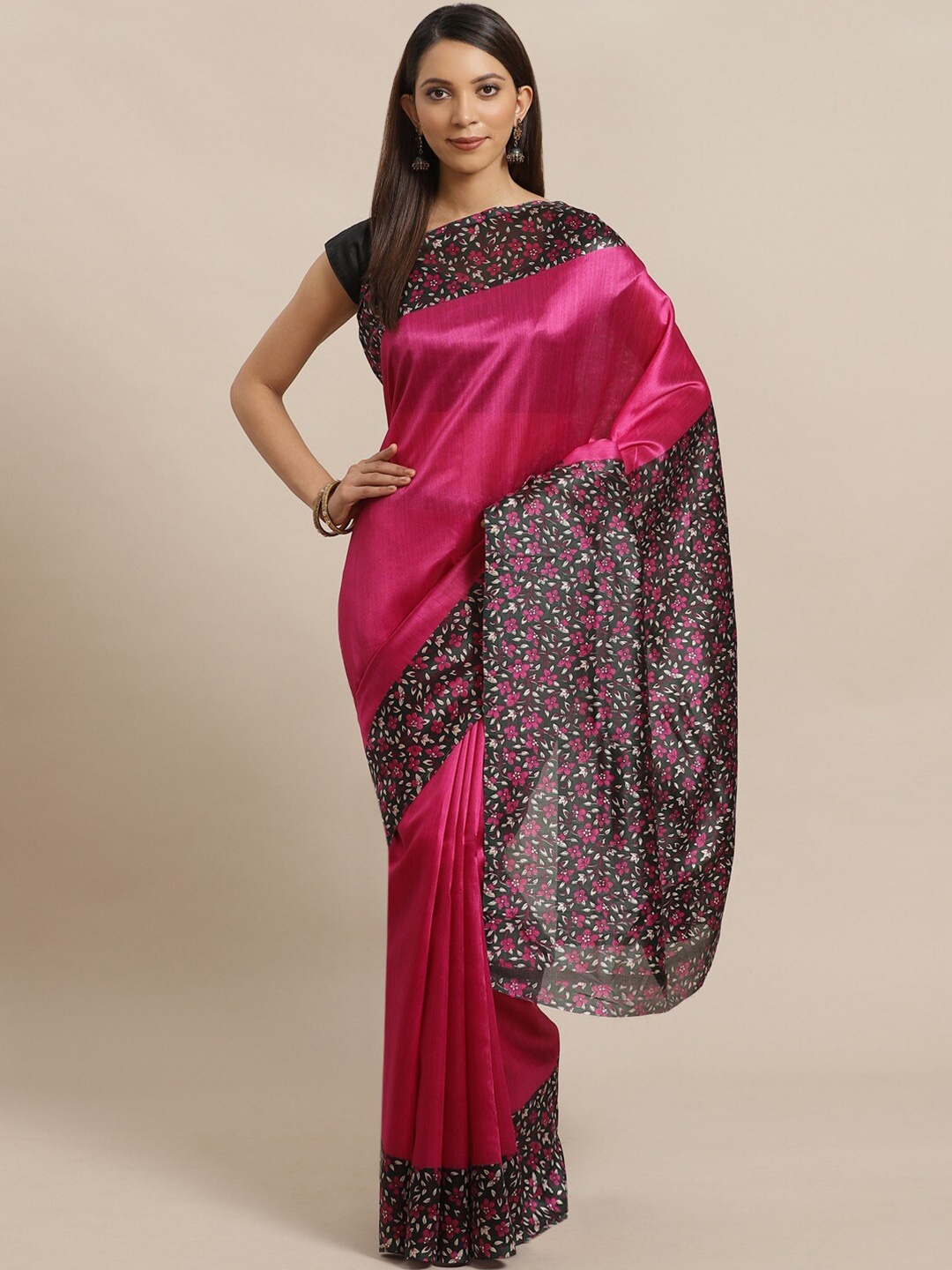 

AADVIKA Black & Magenta Floral Art Silk Mysore Silk Saree