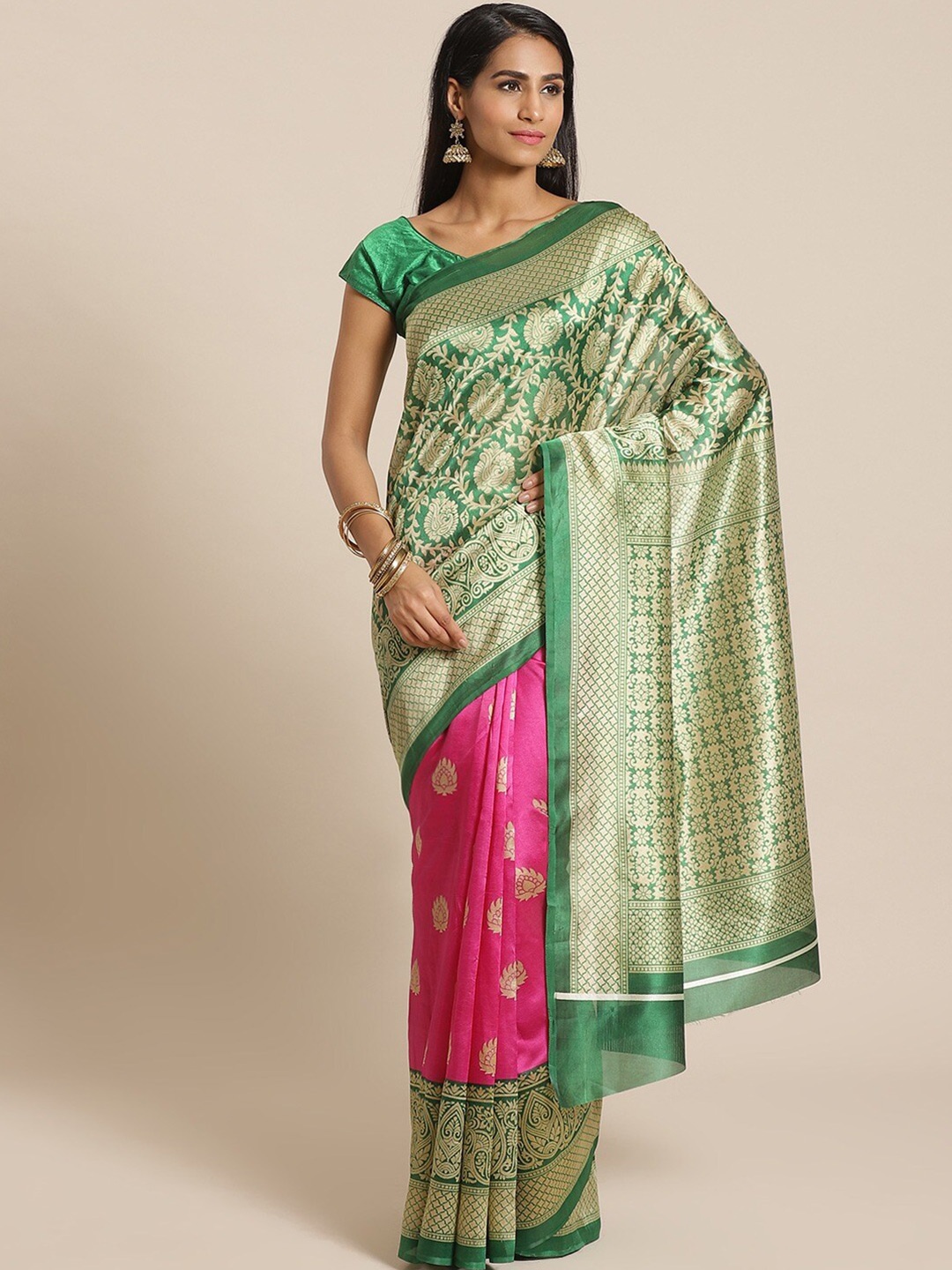 

AADVIKA Pink & Green Ethnic Motifs Woven Design Art Silk Mysore Silk Saree