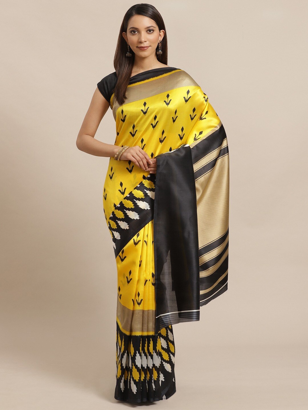 

AADVIKA Black & Yellow Floral Art Silk Mysore Silk Saree