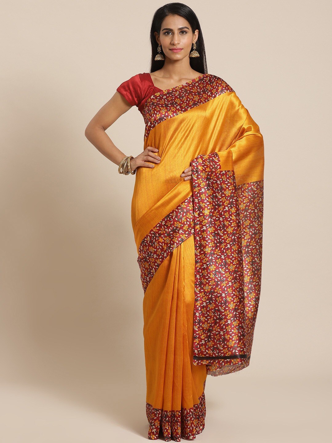 

AADVIKA Red & Yellow Floral Art Silk Mysore Silk Saree