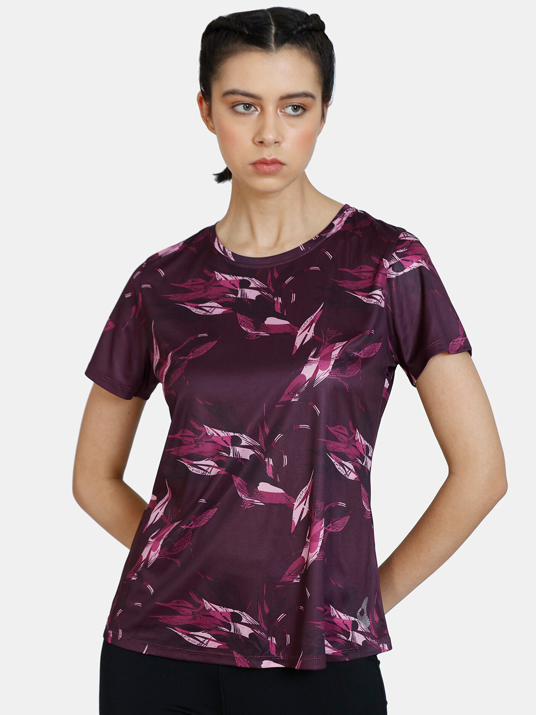 

Zelocity by Zivame Women Red Floral Printed Training or Gym T-shirt