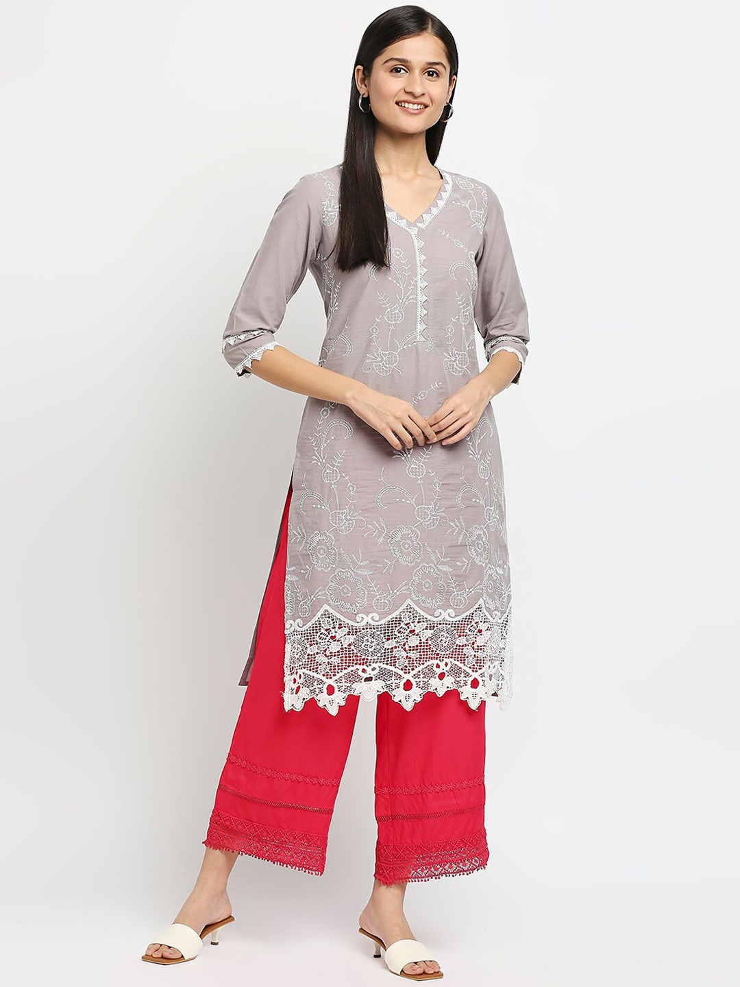 

Ethnicity Women Grey & White Ethnic Motifs Printed Cotton Straight Kurta