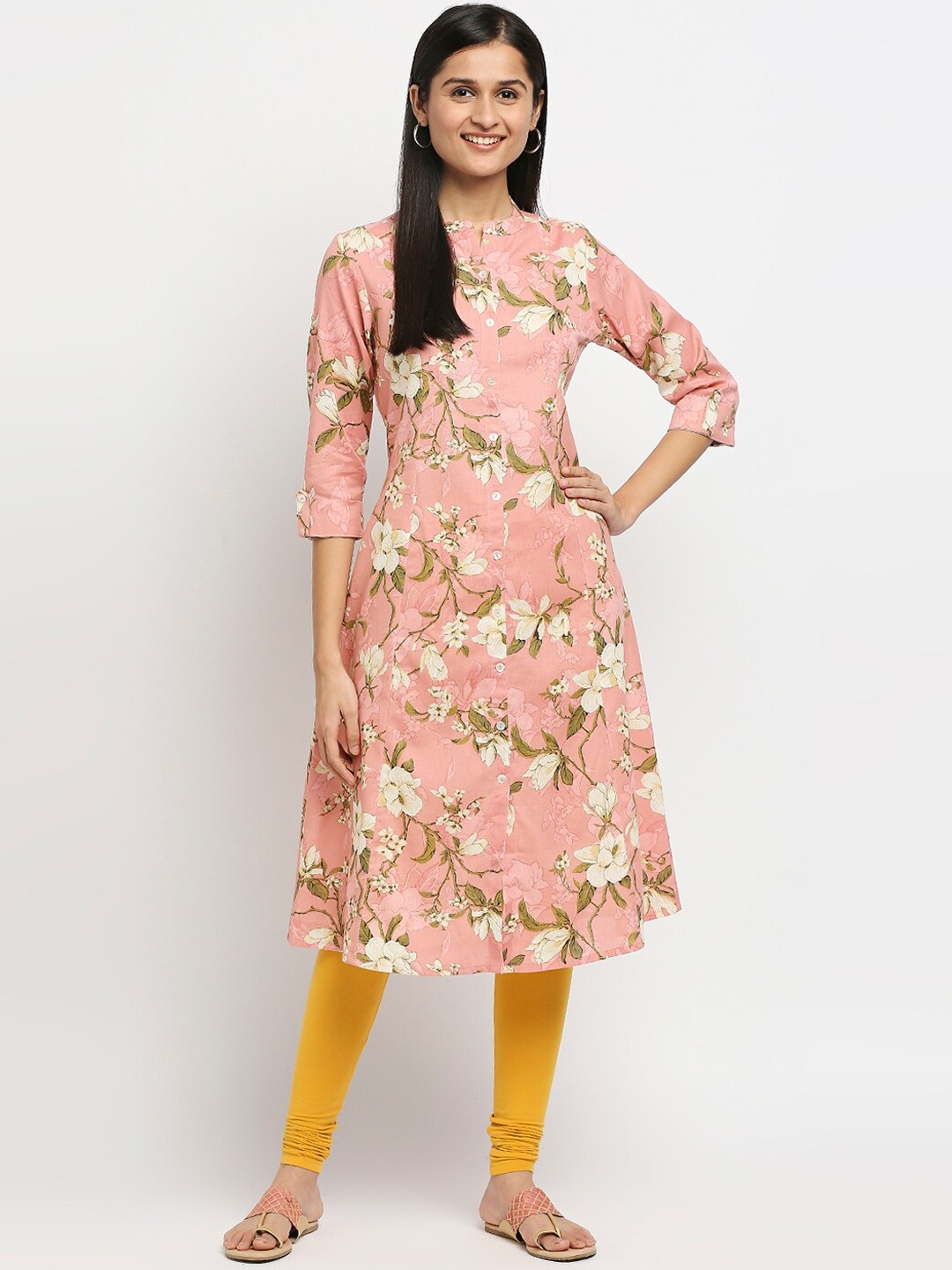 

Ethnicity Women Peach-Coloured & Green Floral Printed Cotton Kurta