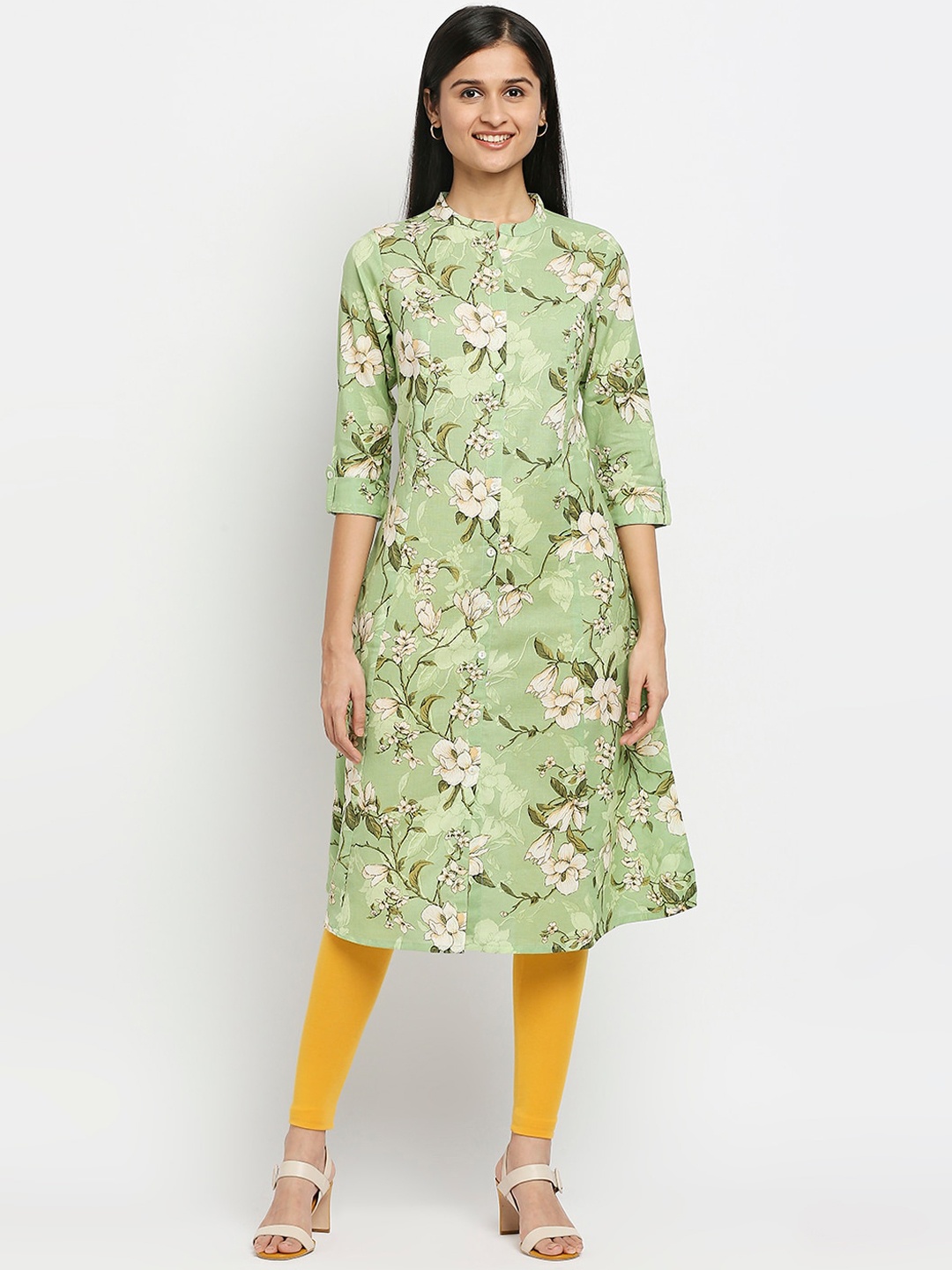 

Ethnicity Women Green Floral Printed Flared Sleeves Thread Work Cotton Kurta