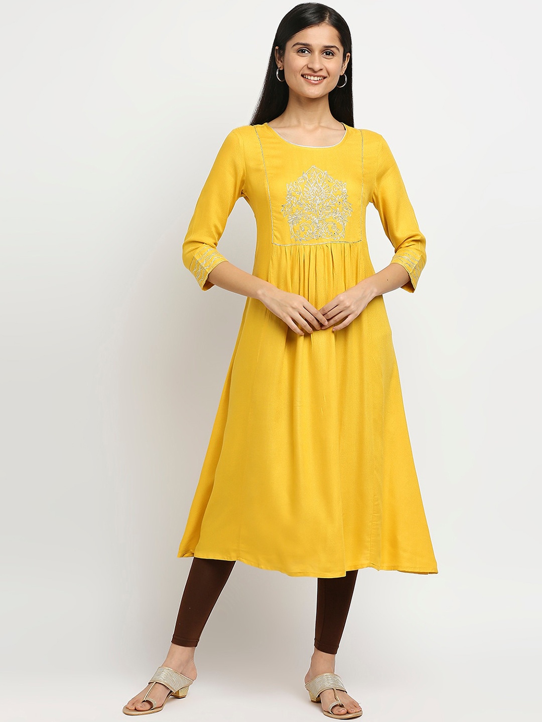 

Ethnicity Women Mustard Yellow Ethnic Motifs Embroidered Anarkali Kurta