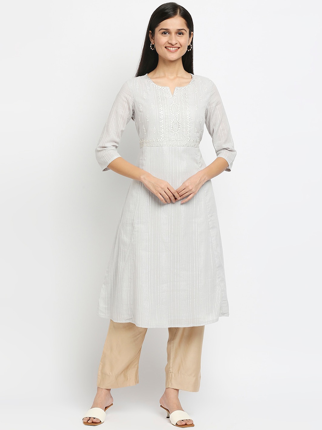 

Ethnicity Women Grey Floral Embroidered Thread Work Kurta