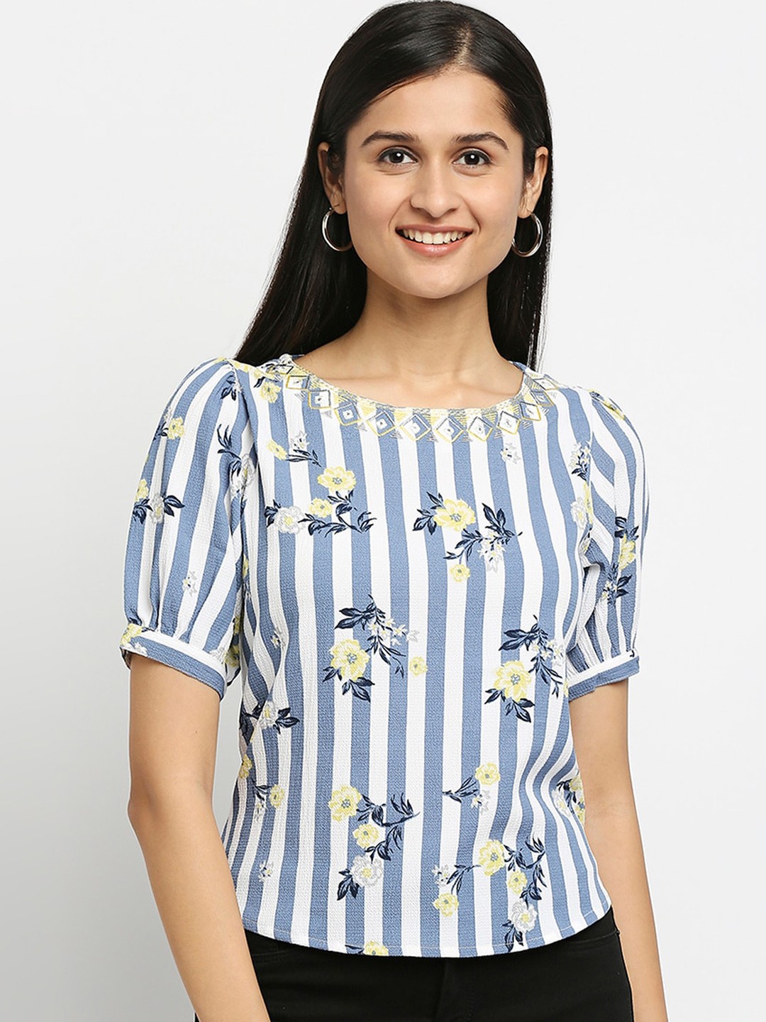

Ethnicity Women Blue Floral Striped Top