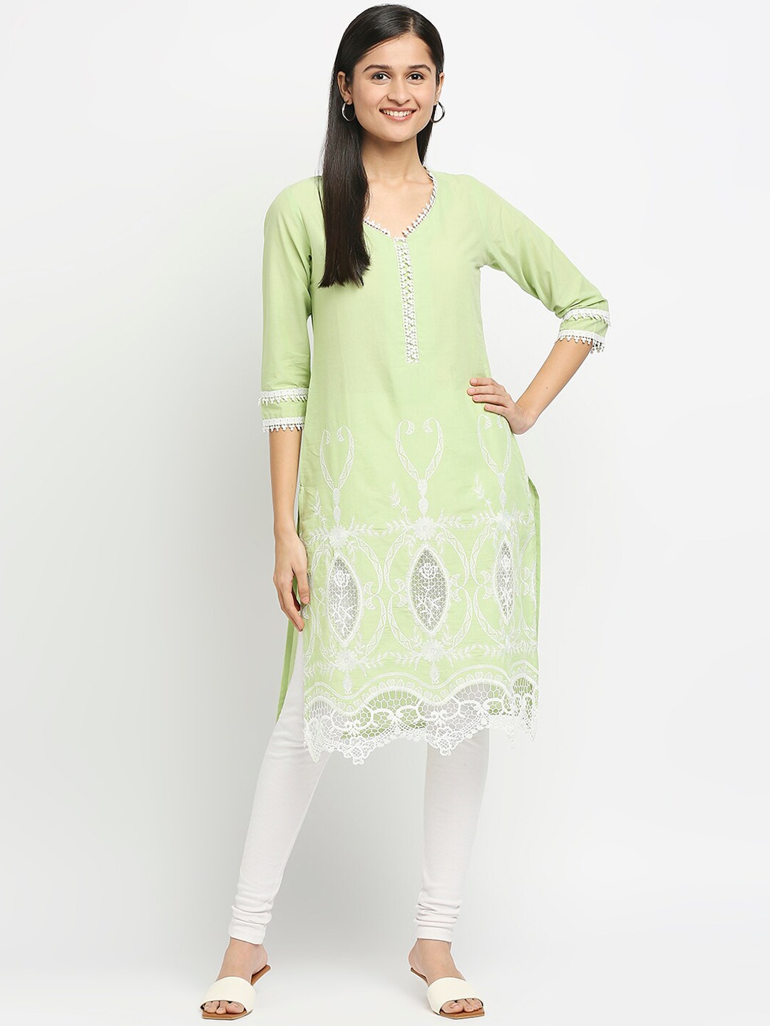 

Ethnicity Women Green & White Ethnic Motifs Printed Kurta
