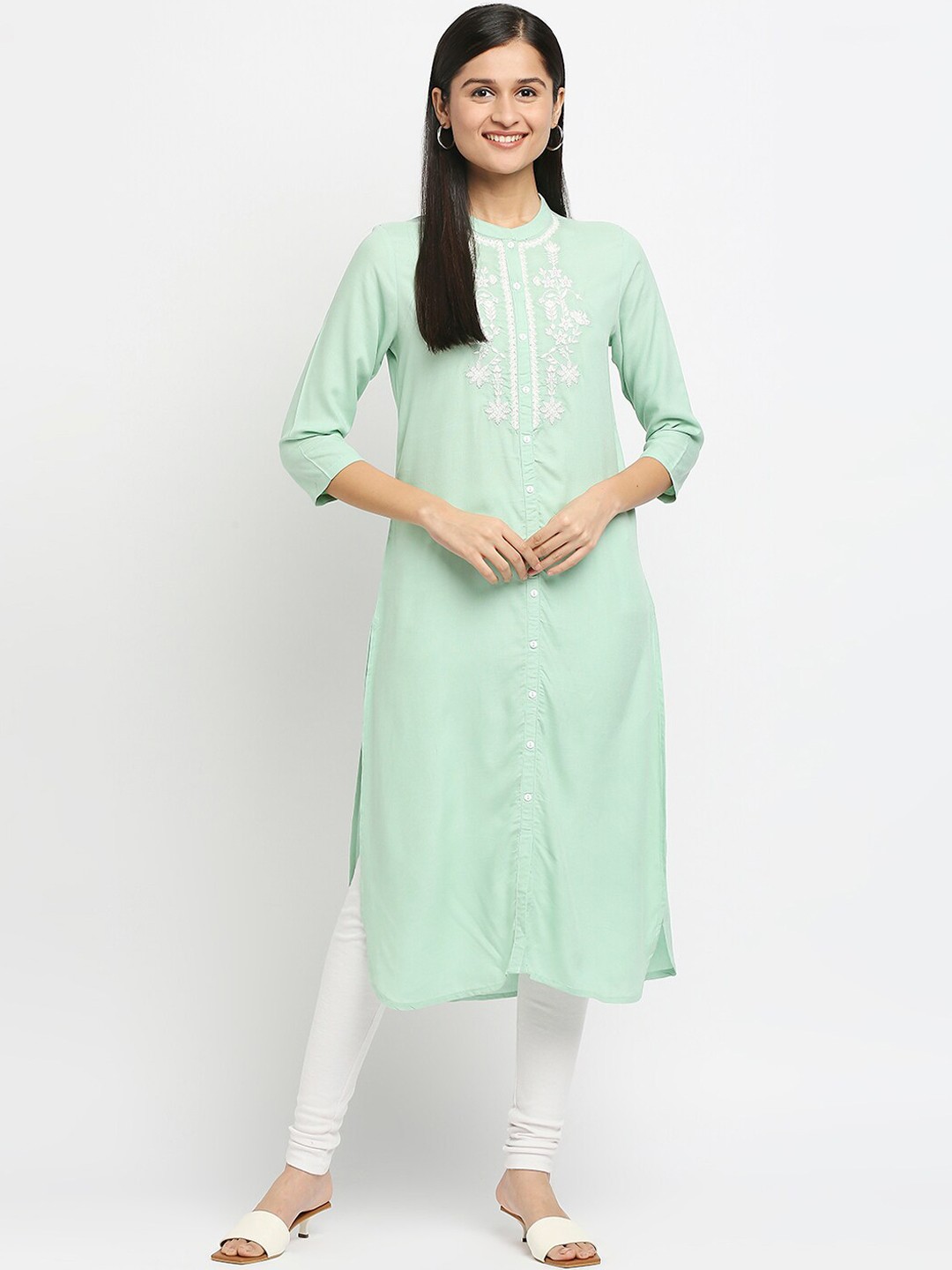 

Ethnicity Women Green Embroidered Thread Work Kurta