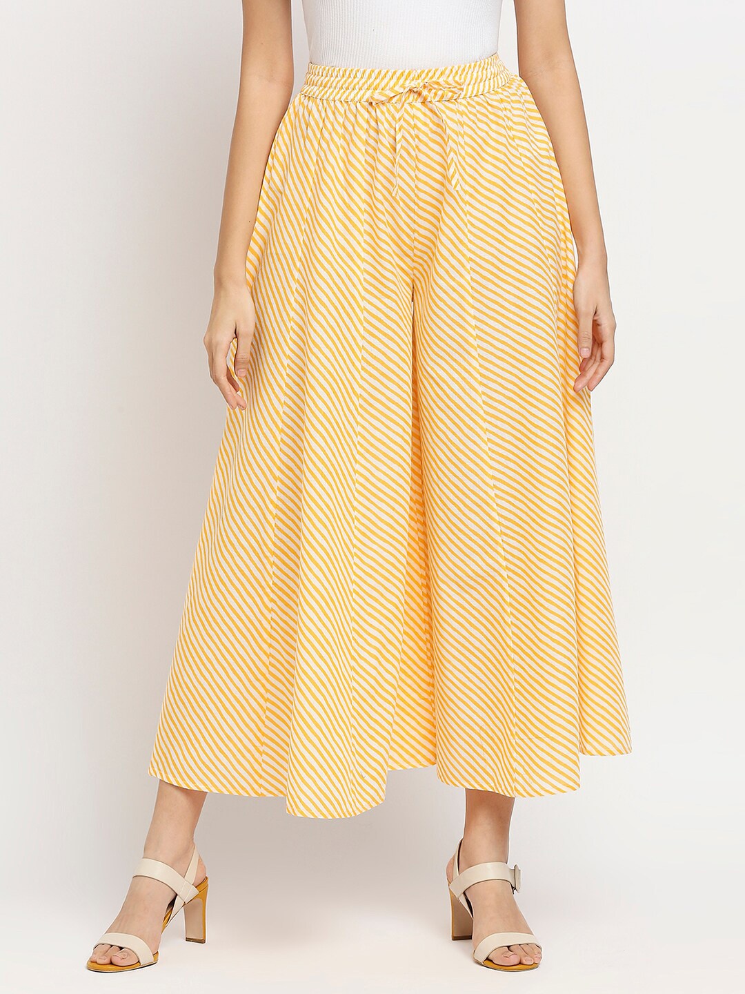 

Ethnicity Women Yellow & White Cotton Striped Flared Palazzos