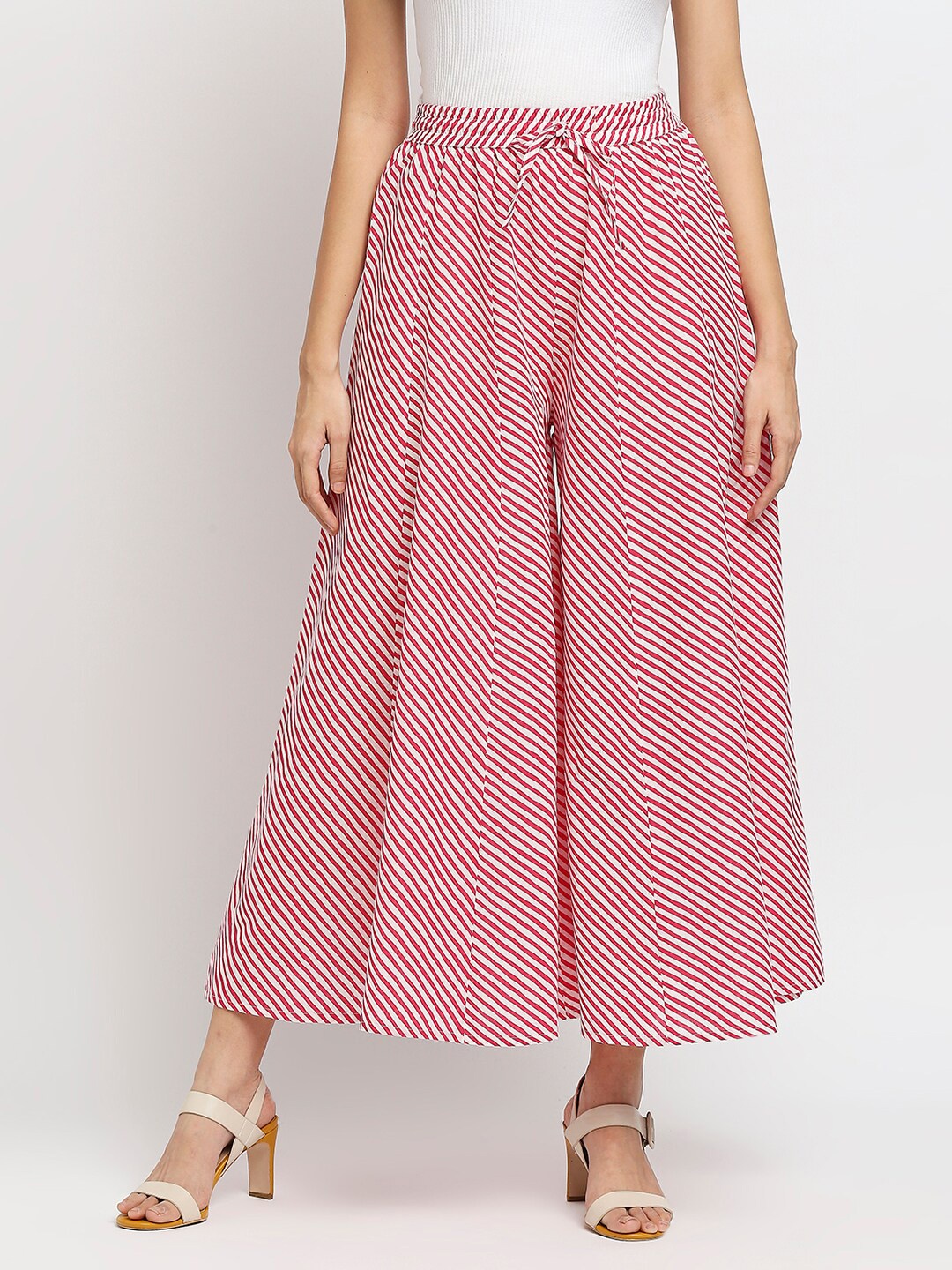 

Ethnicity Women Pink & White Printed Cotton Flared Palazzos