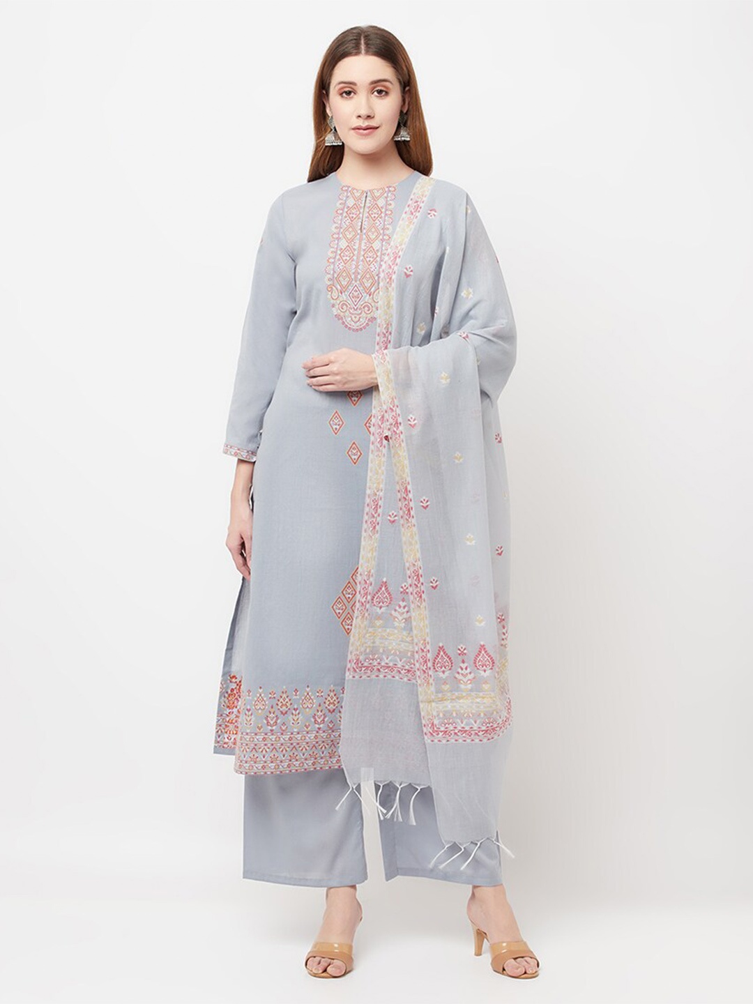

Safaa Women Grey & Red Woven Design Unstitched Dress Material