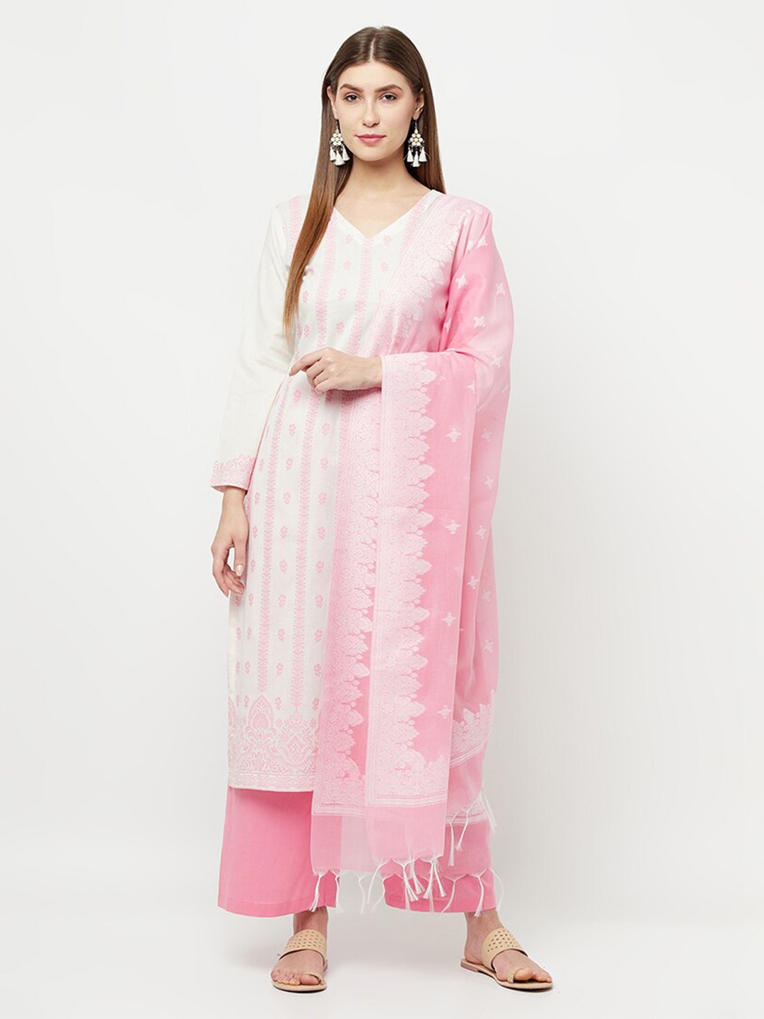 

Safaa White & Pink Woven Design Unstitched Dress Material