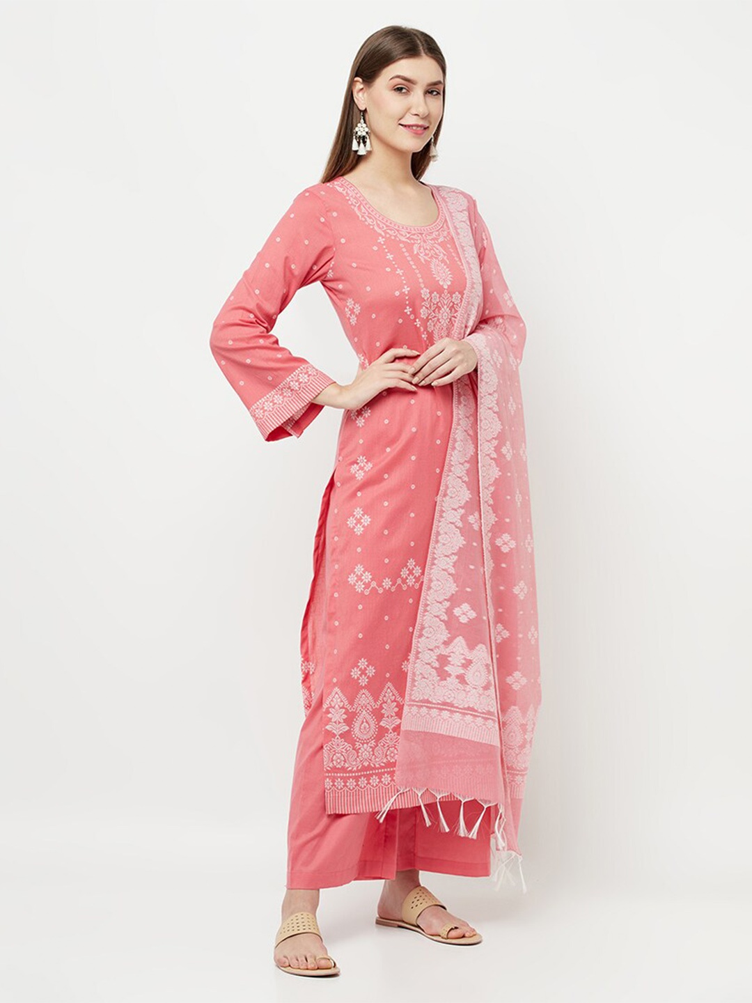 

Safaa Peach-Coloured & White Unstitched Dress Material