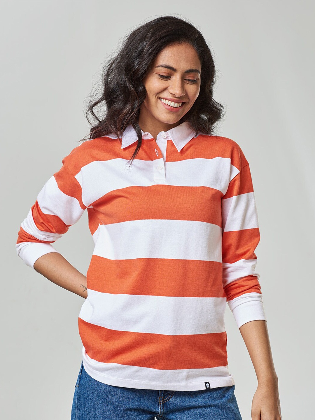 

The Souled Store Women White & Rust Striped Polo Collar T-shirt