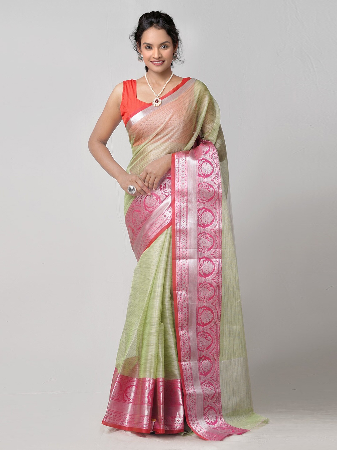 

Unnati Silks Green & Pink Woven Design Tissue Kota Saree
