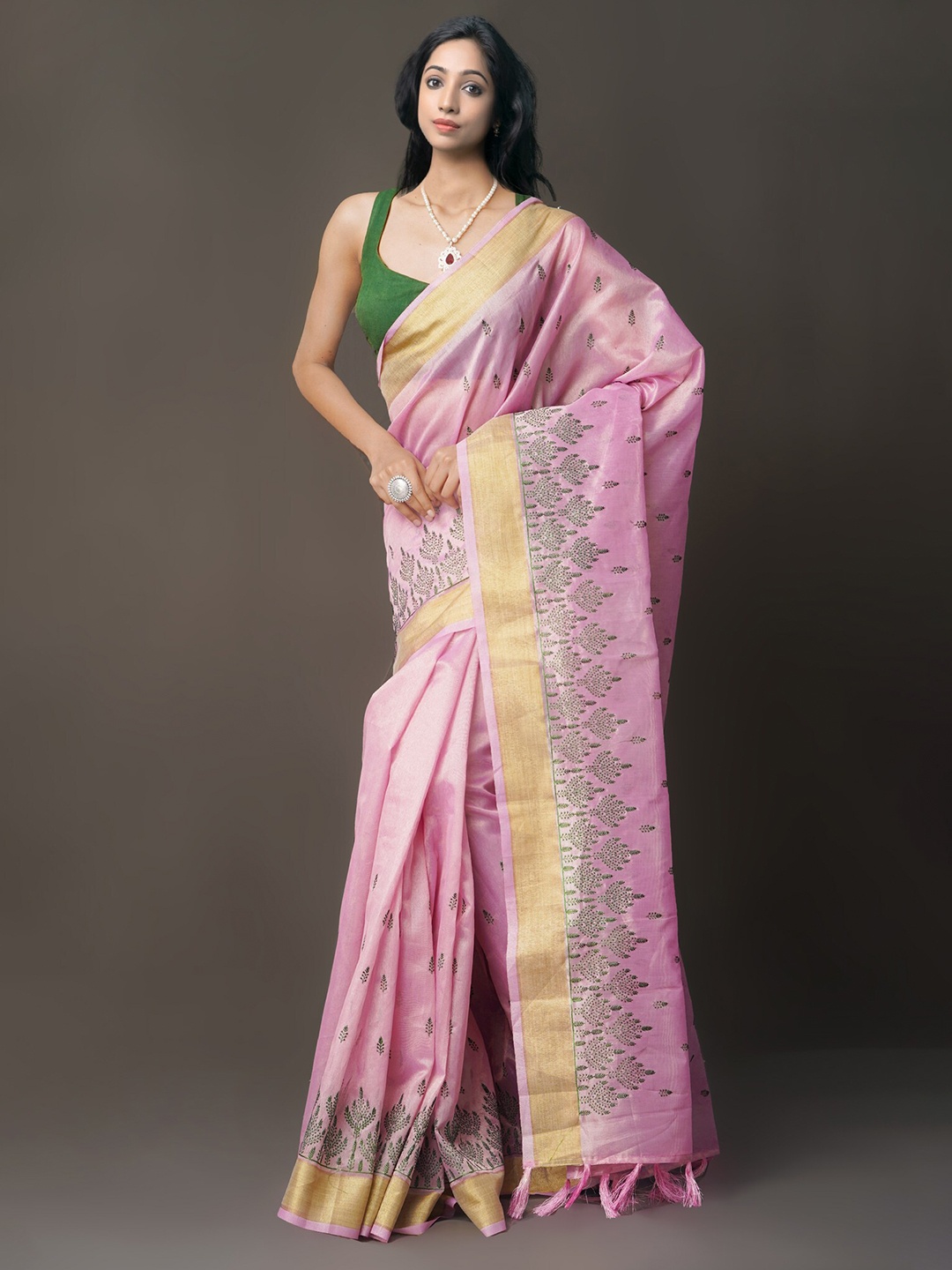 

Unnati Silks Pink & Black Floral Embroidered Zari Tissue Banarasi Saree