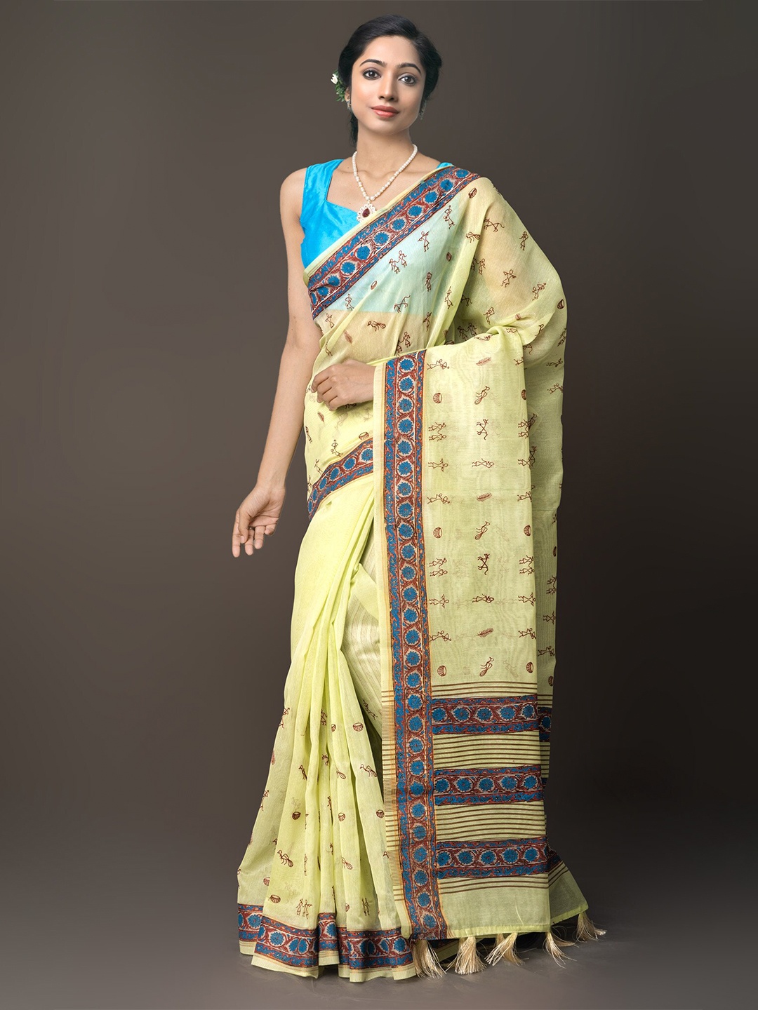 

Unnati Silks Green & Blue Woven Design Silk Cotton Banarasi Saree