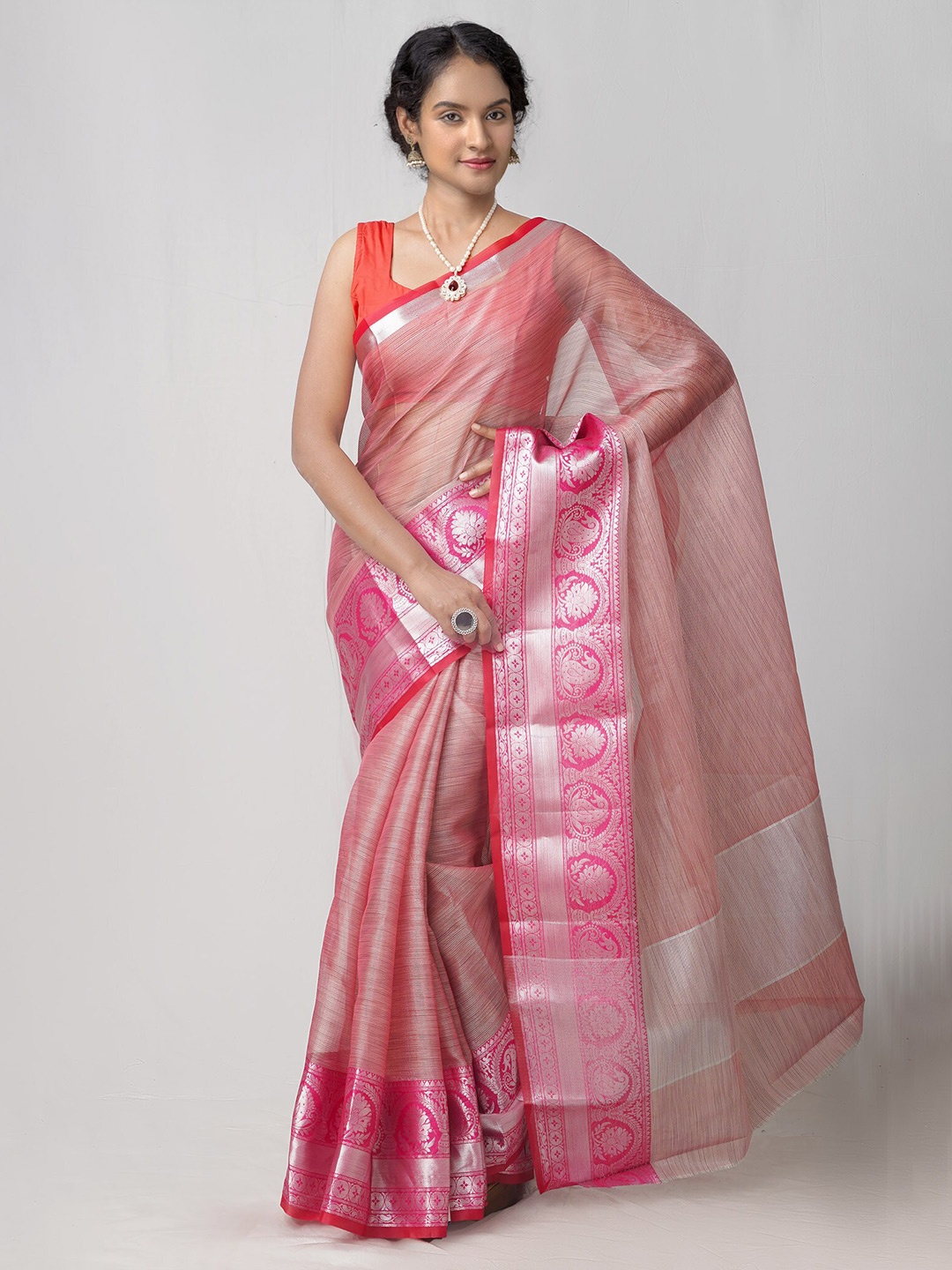 

Unnati Silks Peach-Coloured & Red Woven Design Zari Tissue Kota Saree