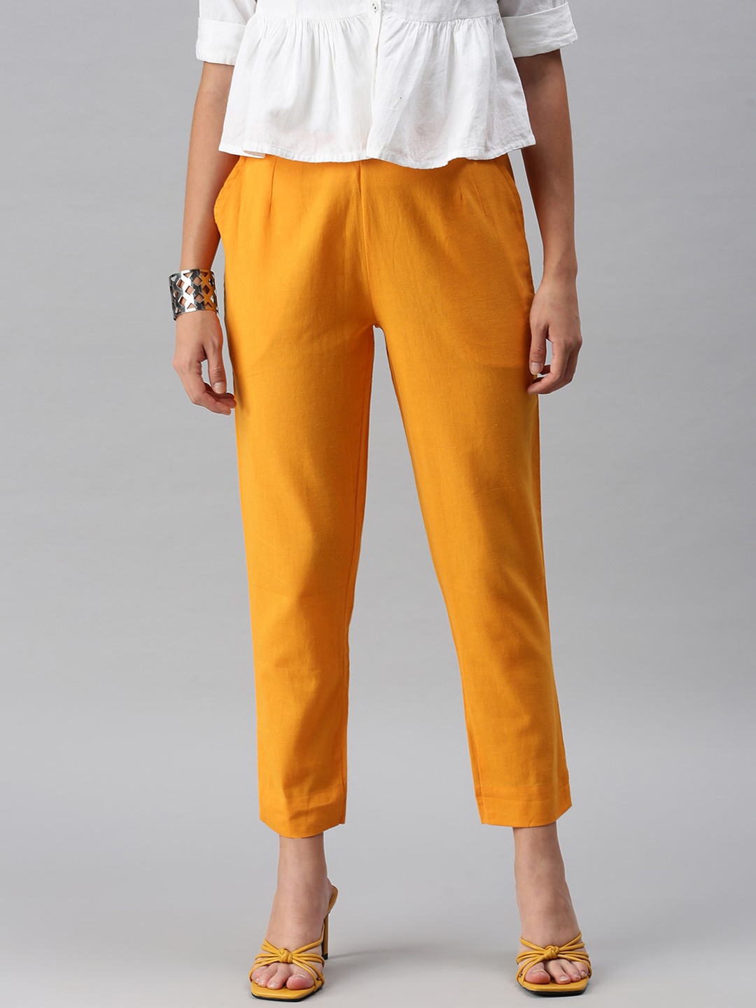 

De Moza Women Mustard Yellow Pencil Slim Fit Trousers