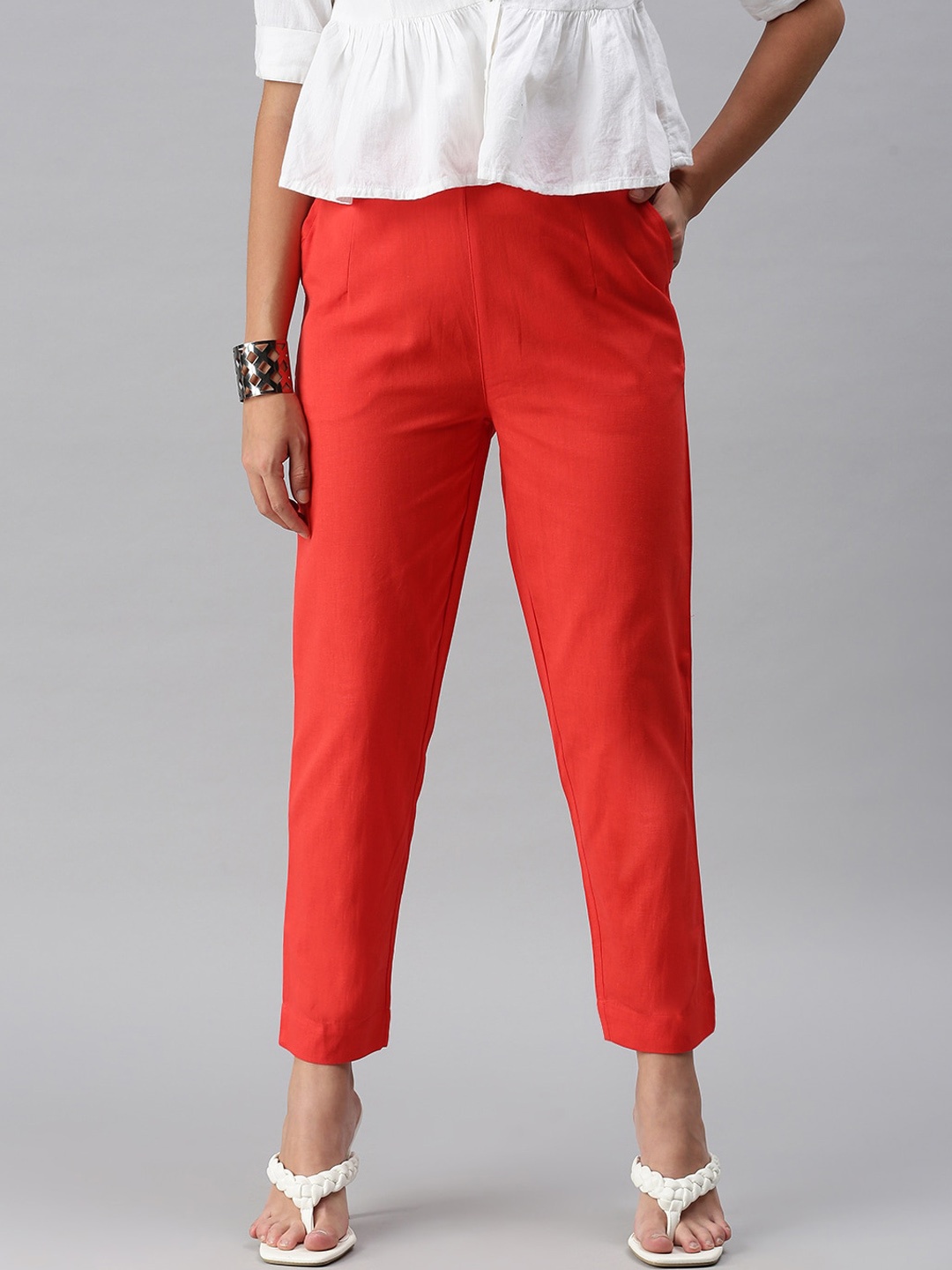 

De Moza Women Red Pencil Slim Fit Cigarette Trousers