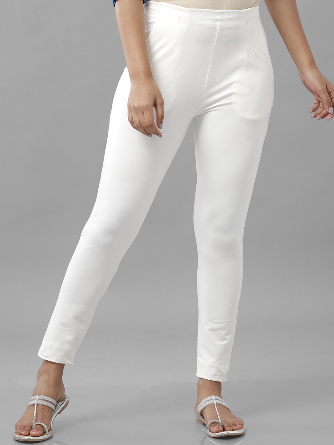 

De Moza Women Off White Pencil Slim Fit Pleated Trousers